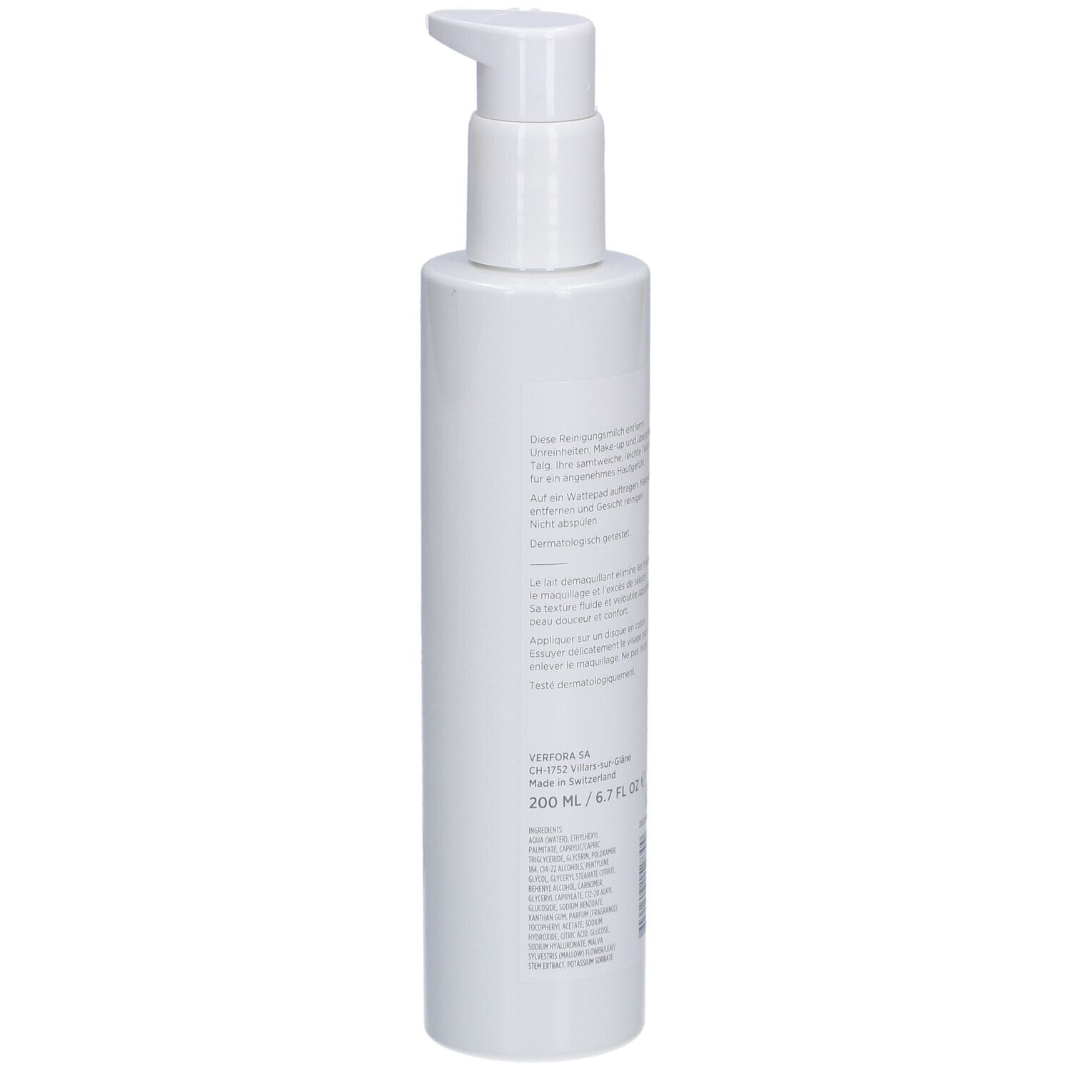 Flacon blanc avec pompe. Texte au dos. Volume: 200 ml. Code-barres.