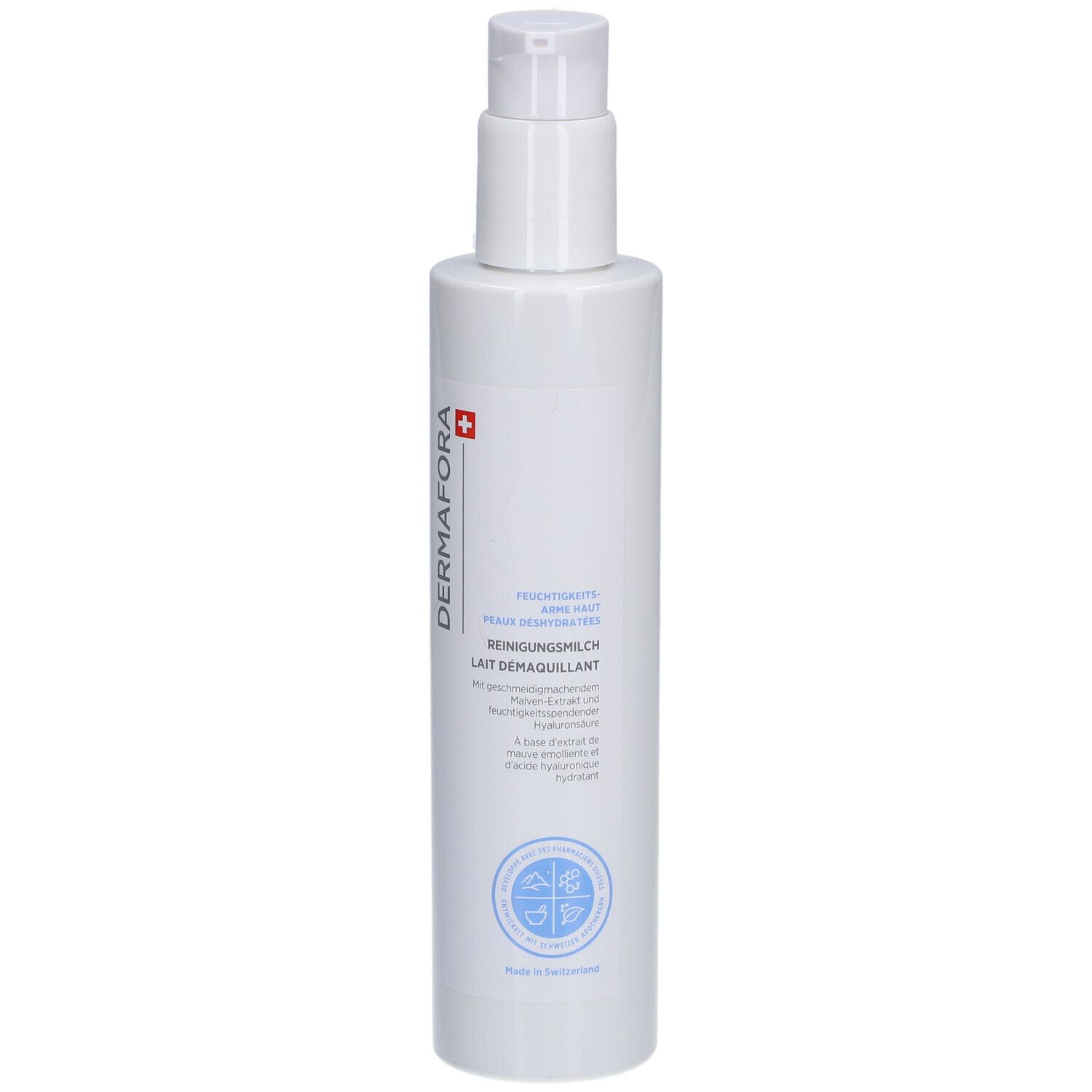 Flacon blanc avec pompe. Inscription: Dermafora, LAIT DEMAQUILLANT. Croix suisse. Cercle bleu.