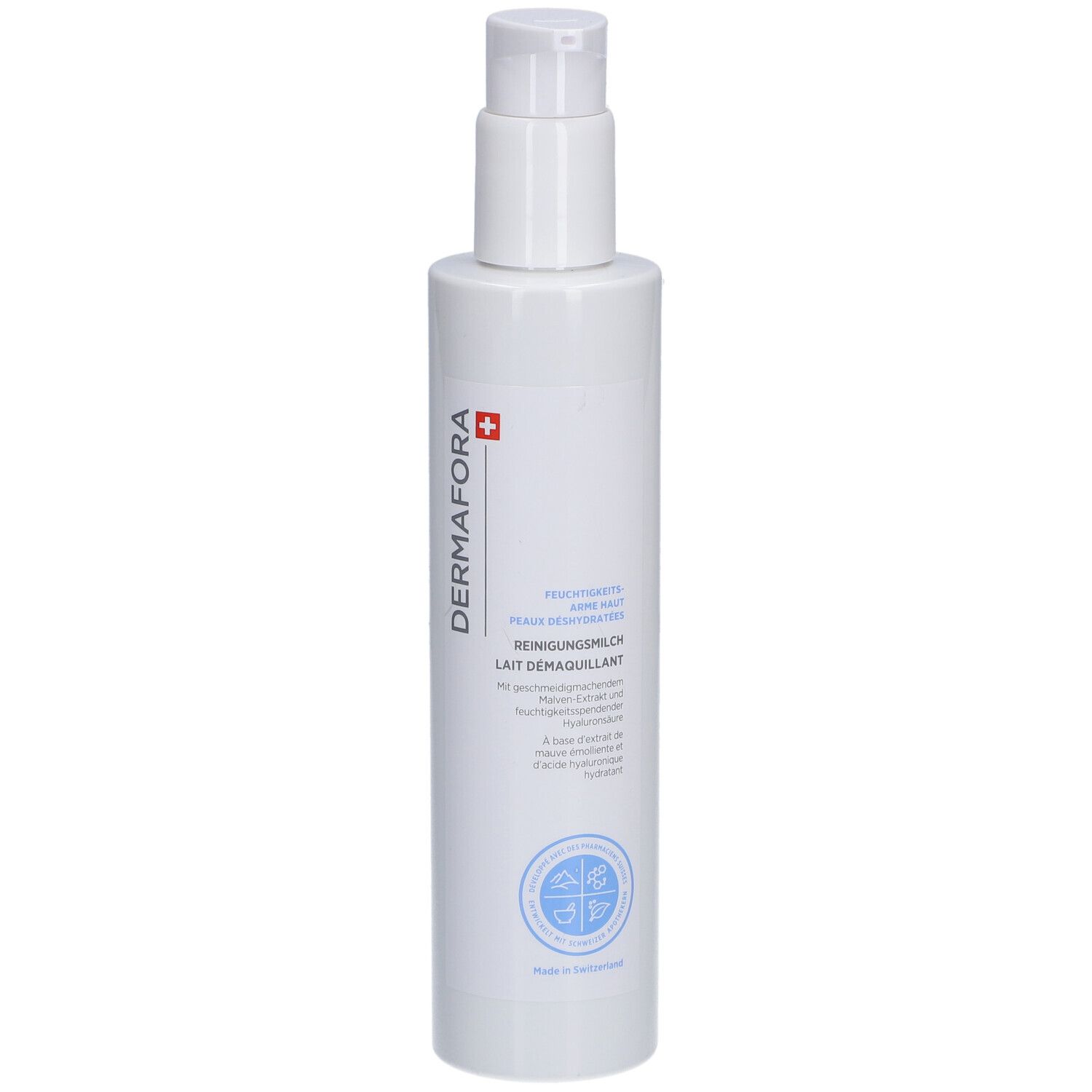 Flacon blanc avec pompe. Inscription: Dermafora, LAIT DEMAQUILLANT. Croix suisse. Cercle bleu.
