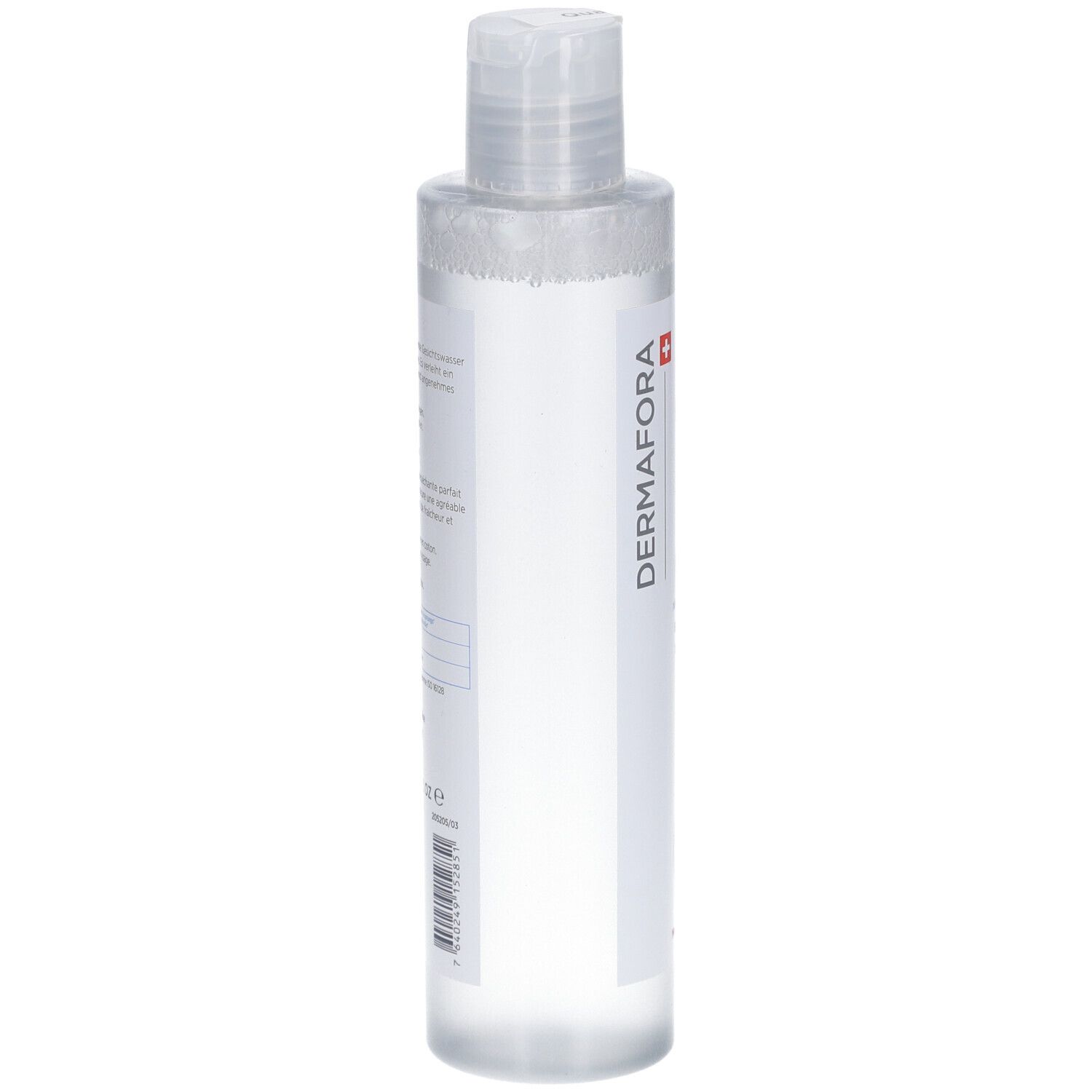 Flacon transparent avec étiquette blanche. Logo Dermafora, croix suisse, Lotion Tonique. Fermeture de sécurité.