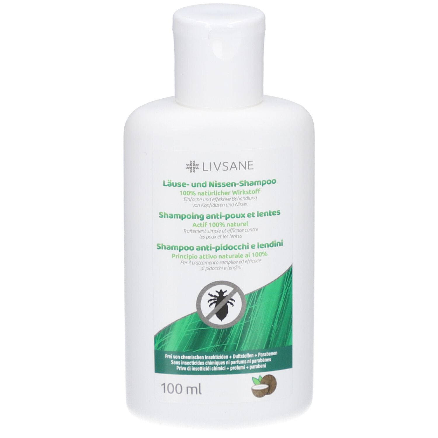 Flacon blanc avec étiquette verte. Texte: Shampooing anti-poux et lentes, actif 100% naturel. Illustration d'un pou.