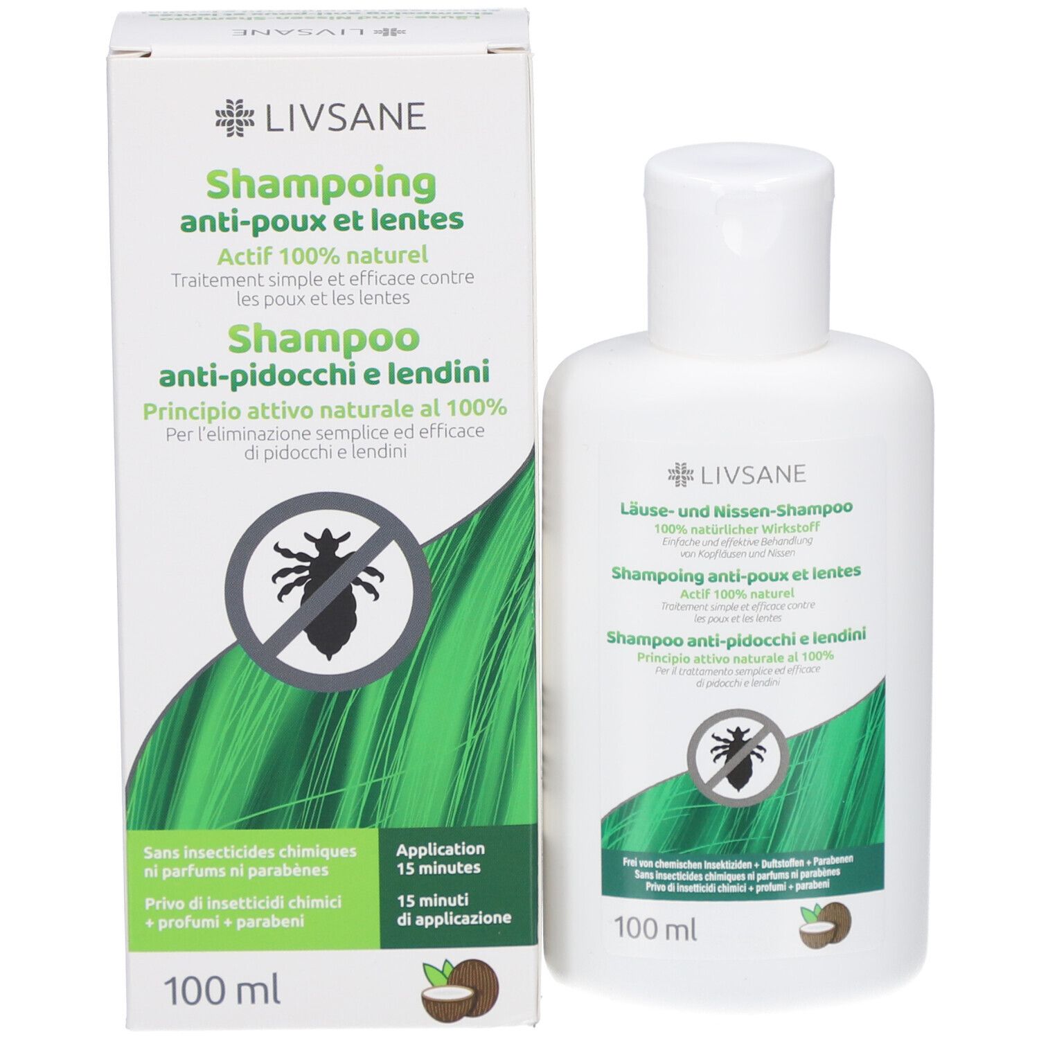Emballage du produit avec flacon. Texte: Shampooing anti-poux et lentes, 100% naturel. Illustration d'un pou. 100 ml.