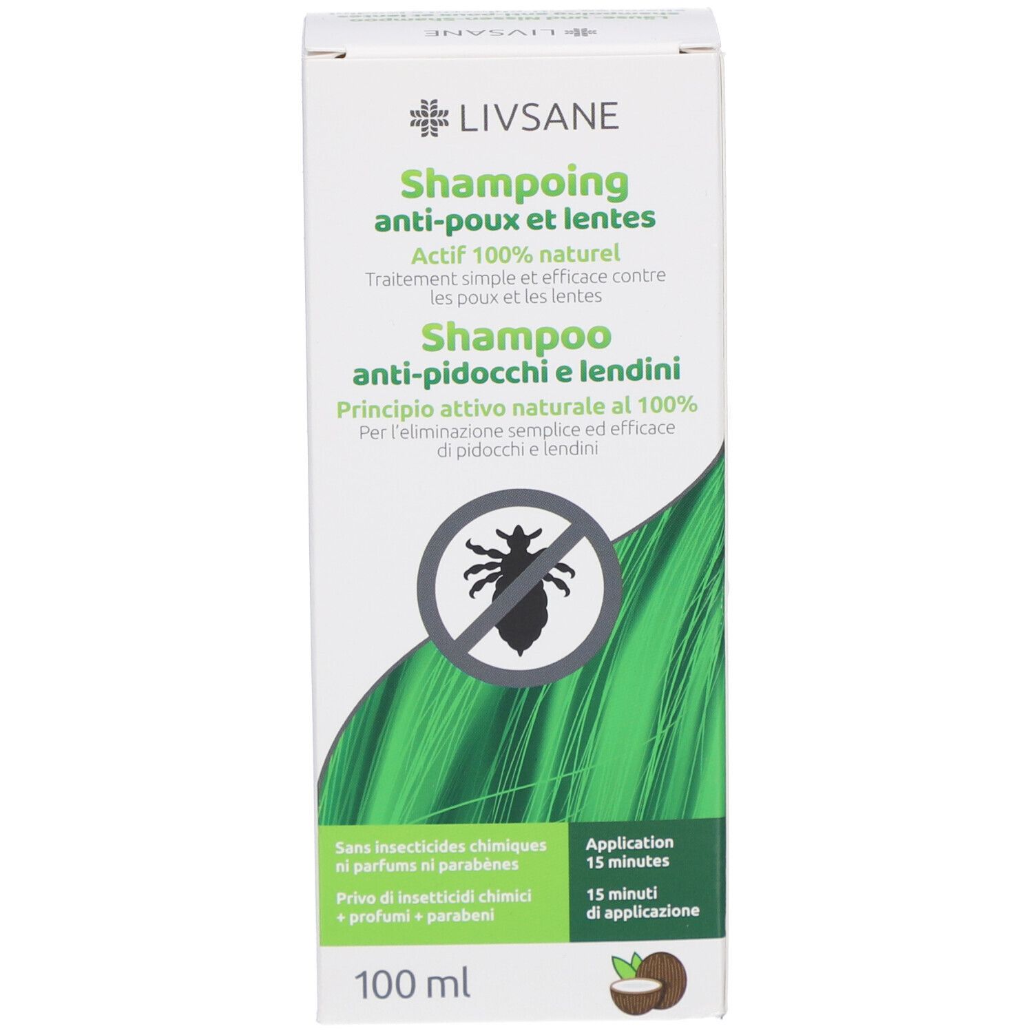 Emballage du produit. Texte: Shampooing anti-poux et lentes, 100% naturel. Illustration d'un pou. 100 ml. Sans insecticides.