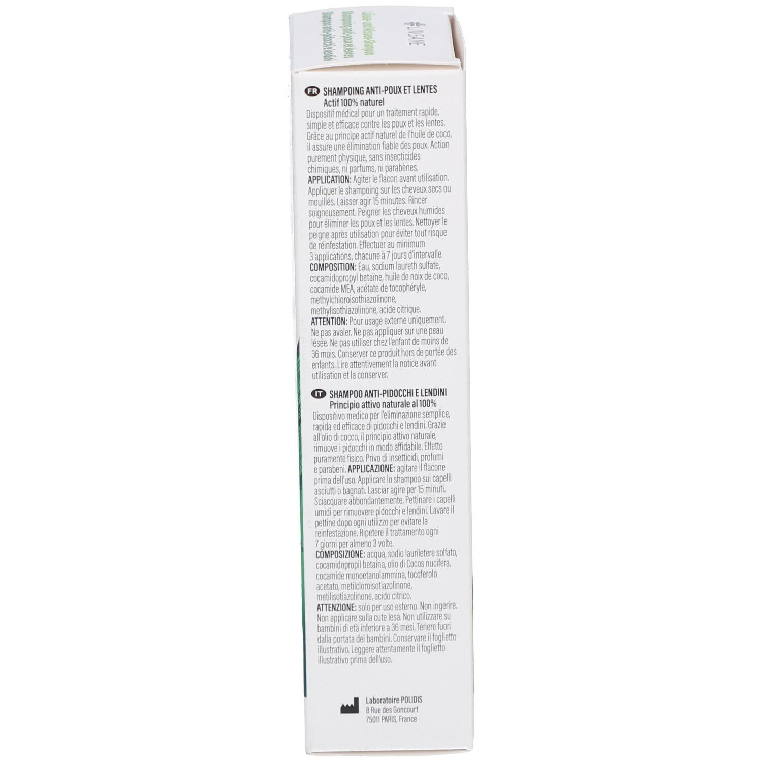 Emballage du produit, vue latérale. Texte: Shampooing anti-poux et lentes. Instructions d'utilisation en plusieurs langues.