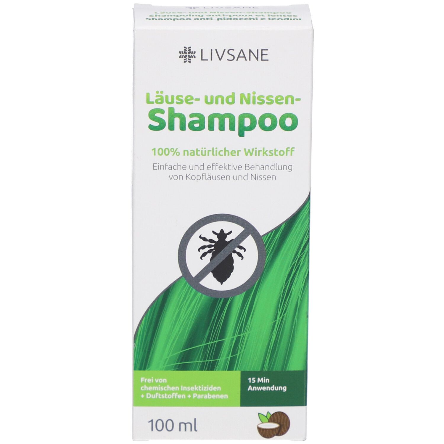 Emballage du produit. Texte: Shampooing anti-poux et lentes, actif 100% naturel. Illustration d'un pou. 100 ml.