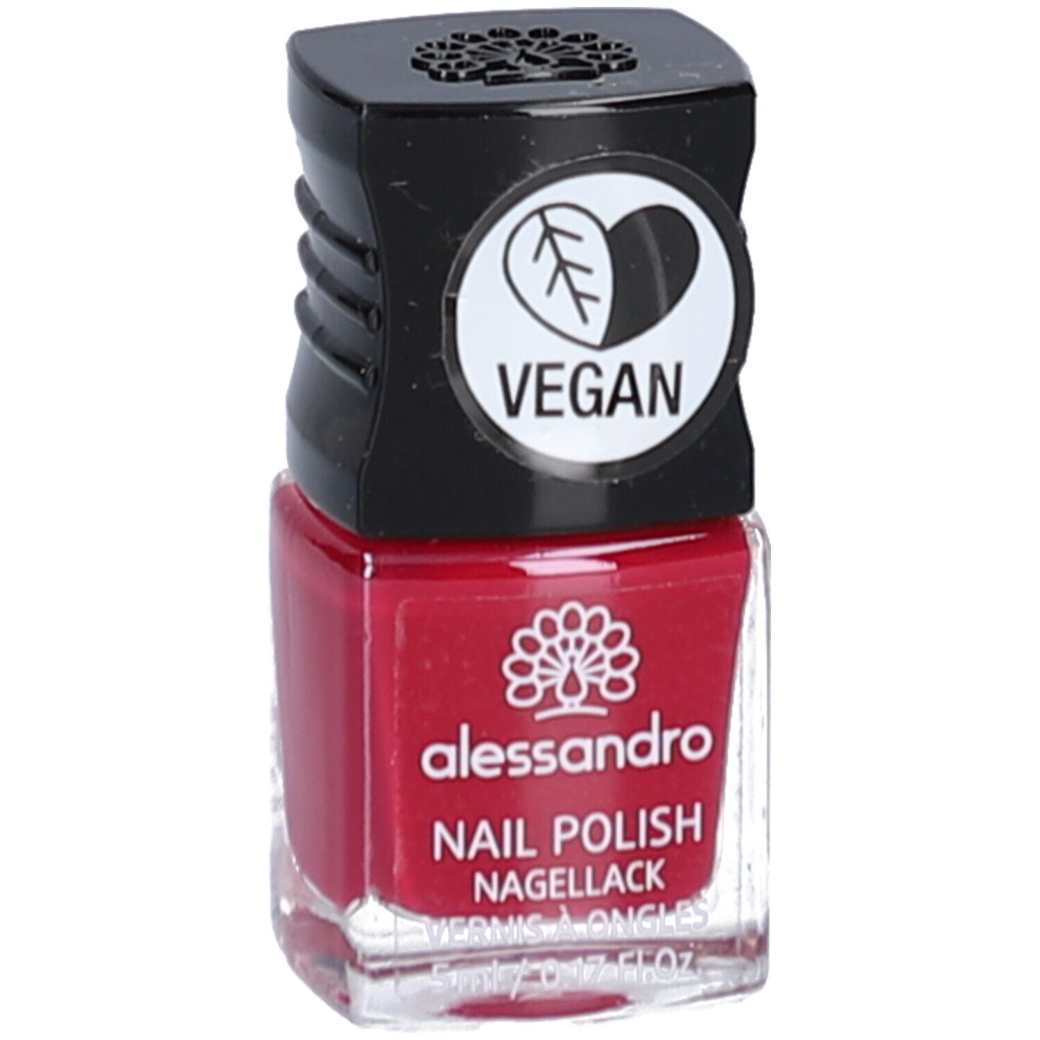 Flacon de vernis à ongles rouge avec bouchon noir. Logo végan. Inscription : alessandro, Nail Polish, Nagellack.