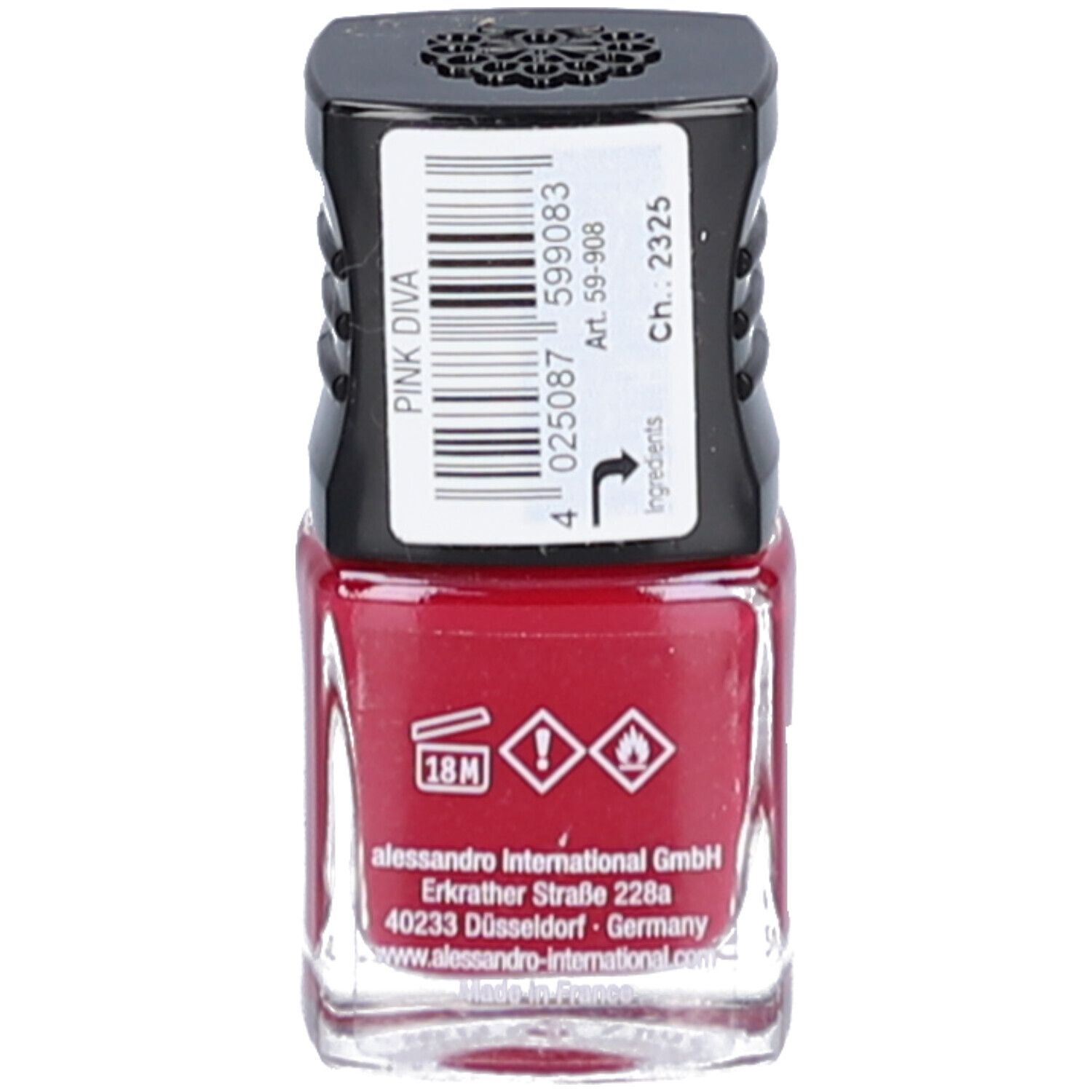 Dos d'un flacon de vernis à ongles rouge. Code-barres, avertissements, adresse du fabricant. Inscription : Pink Diva.