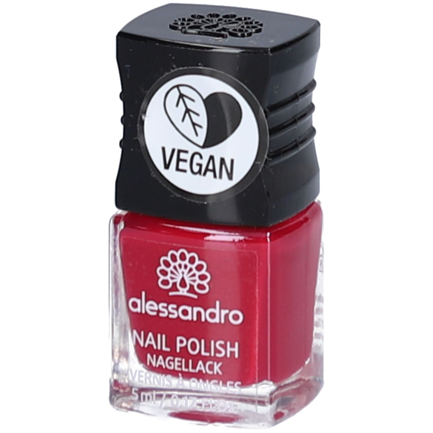 Flacon de vernis à ongles rouge avec bouchon noir. Logo végan. Inscription : alessandro, Nail Polish, Nagellack.