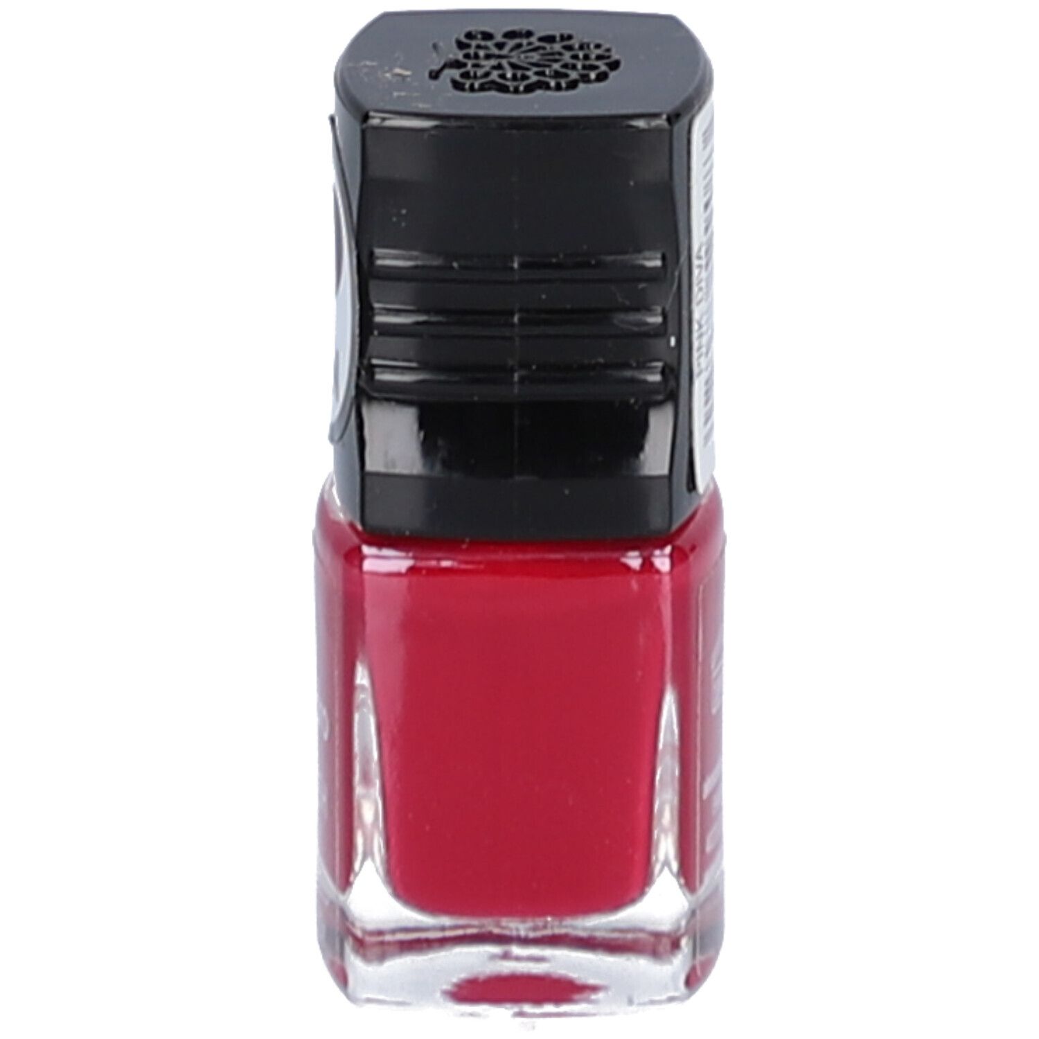 Flacon de vernis à ongles rouge avec bouchon noir. Bouteille en verre transparent.