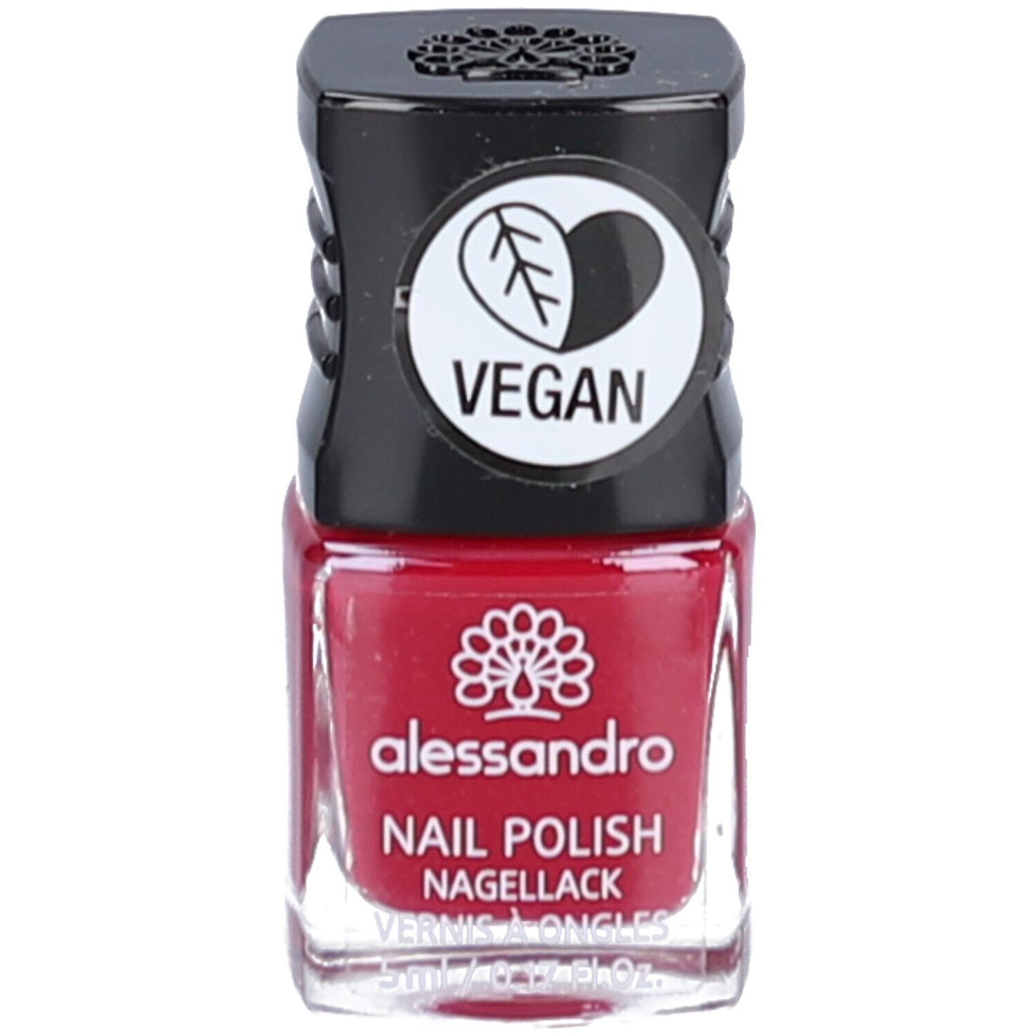 Flacon de vernis à ongles rouge avec bouchon noir. Logo végan. Inscription : alessandro, Nail Polish, Nagellack.