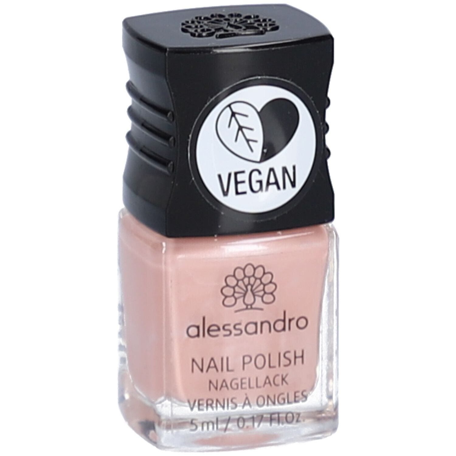 Flacon de vernis à ongles avec bouchon noir. Inscription : alessandro, vernis à ongles, label Vegan. Couleur : rose. Volume : 5 ml.