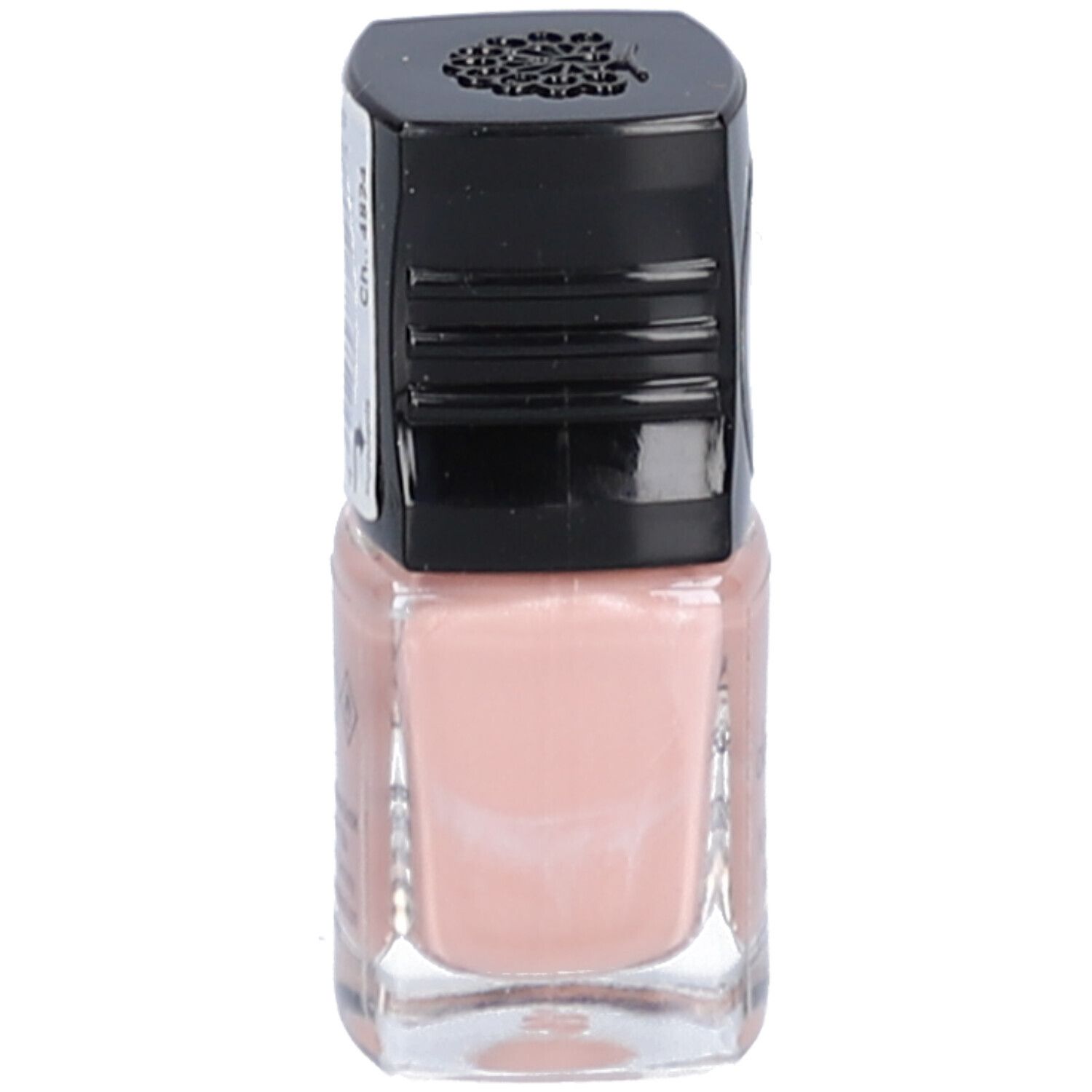 Flacon de vernis à ongles avec bouchon noir. Couleur : rose. Autocollant avec informations sur le produit. Volume : 5 ml.