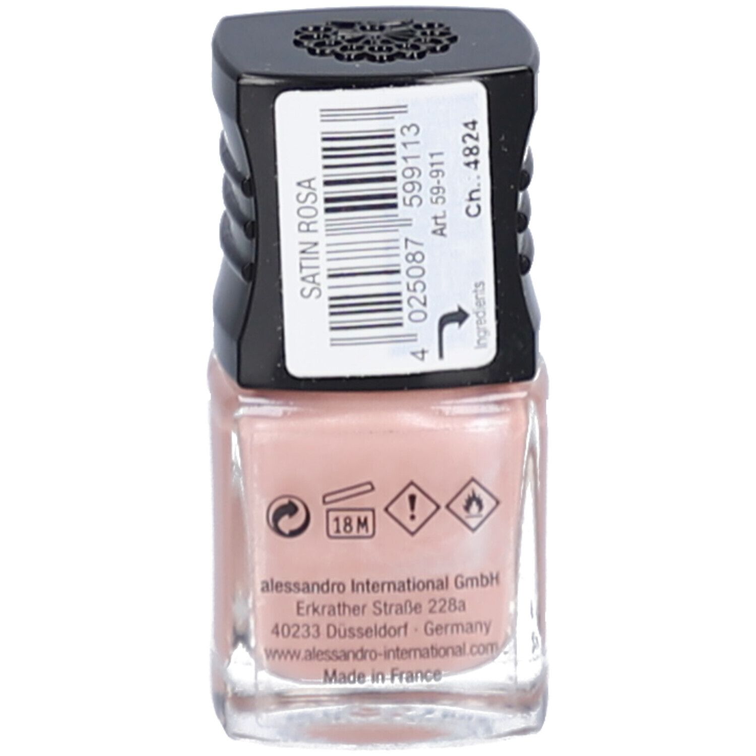 Dos d'un flacon de vernis à ongles. Inscription : Satin Rosa, alessandro, avertissements, ingrédients, Made in France.
