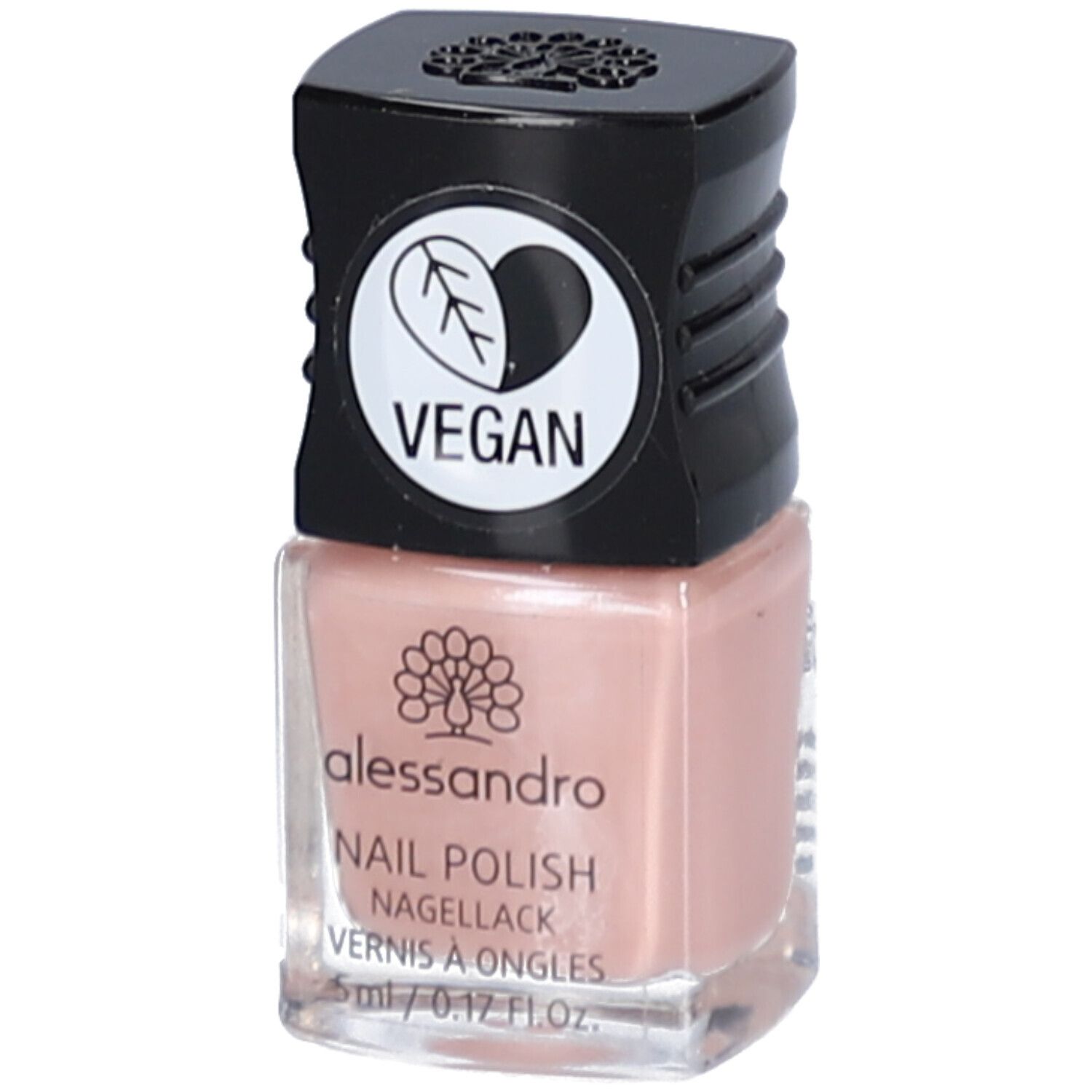 Flacon de vernis à ongles avec bouchon noir. Inscription : alessandro, vernis à ongles, label Vegan. Couleur : rose. Volume : 5 ml.