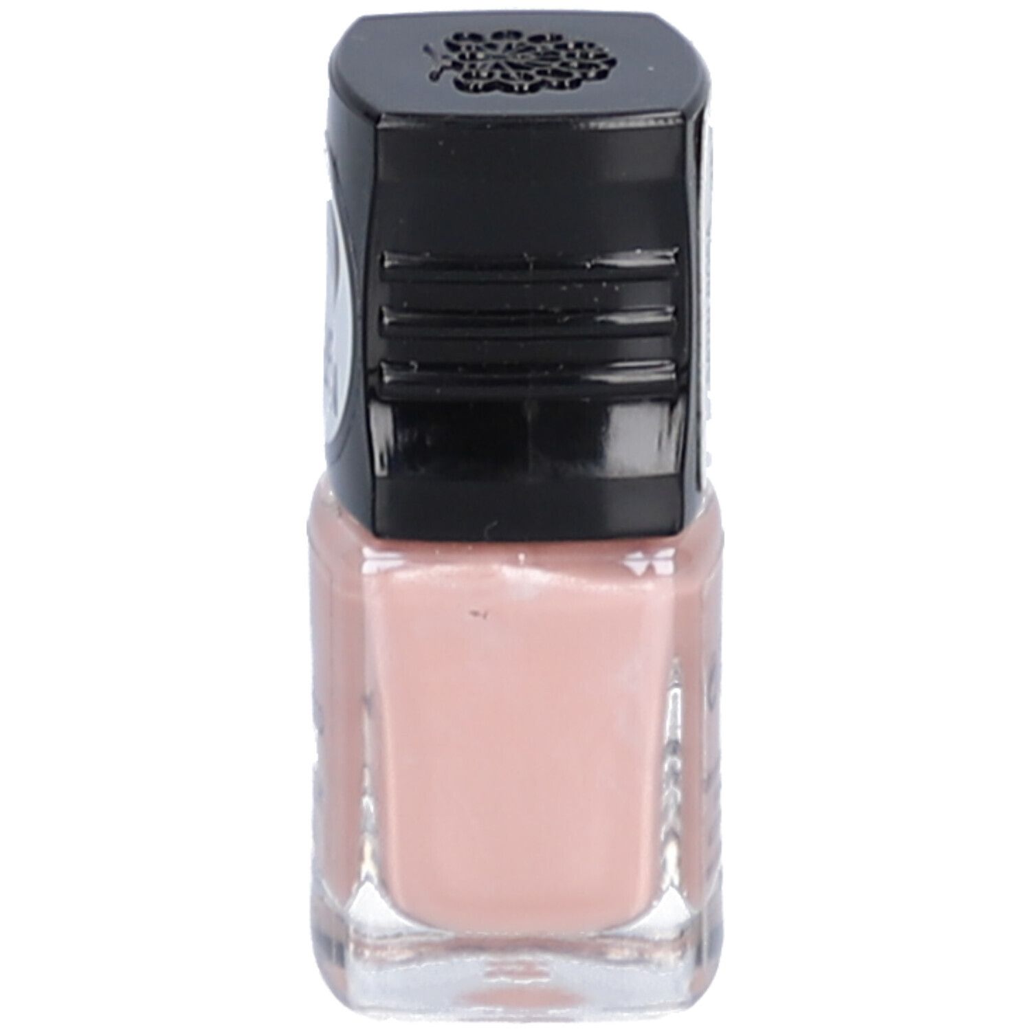 Flacon de vernis à ongles avec bouchon noir. Couleur : rose. Volume : 5 ml.