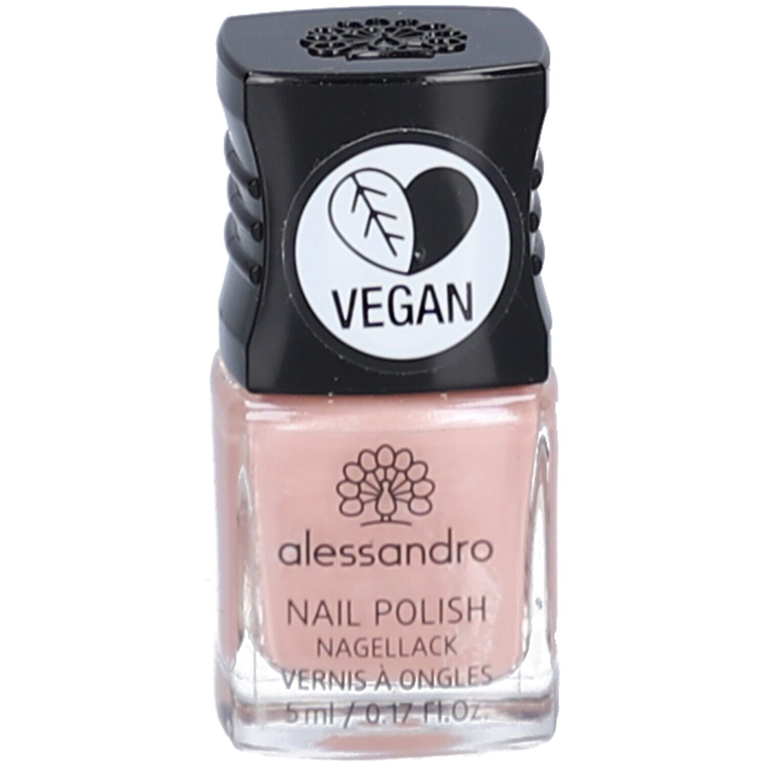 Flacon de vernis à ongles avec bouchon noir. Inscription : alessandro, vernis à ongles, label Vegan. Couleur : rose. Volume : 5 ml.
