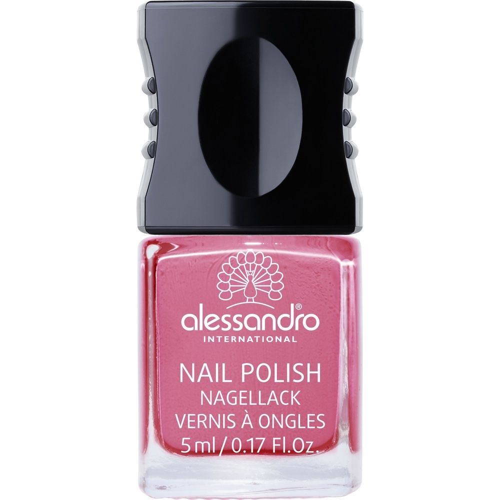 Flacon de vernis à ongles rose avec bouchon noir. Inscription : Alessandro, Nail Polish, Nagellack, Vernis à Ongles.