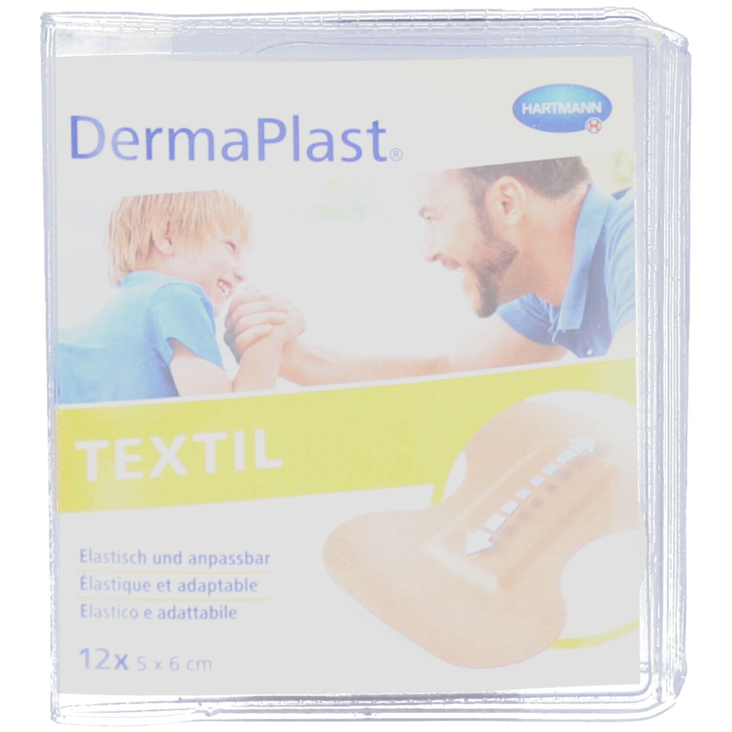 Emballage de pansements Dermaplast Textil. 12 pièces de 5 x 6 cm. Logo Hartmann. Image d'un enfant et d'un homme.