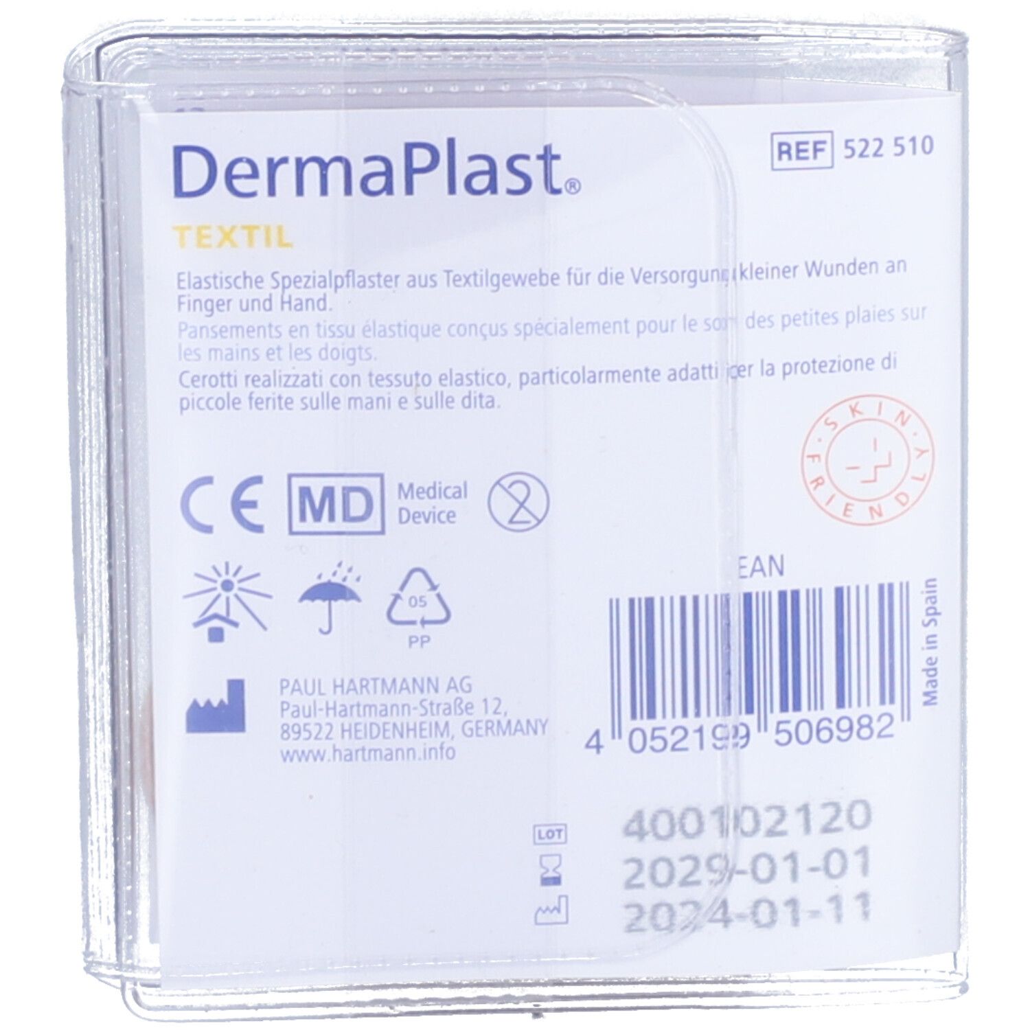 Dos de l'emballage. Dermaplast Textil. Dispositif médical. Marquage CE. Informations fabricant. Numéro de lot et date d'expiration.