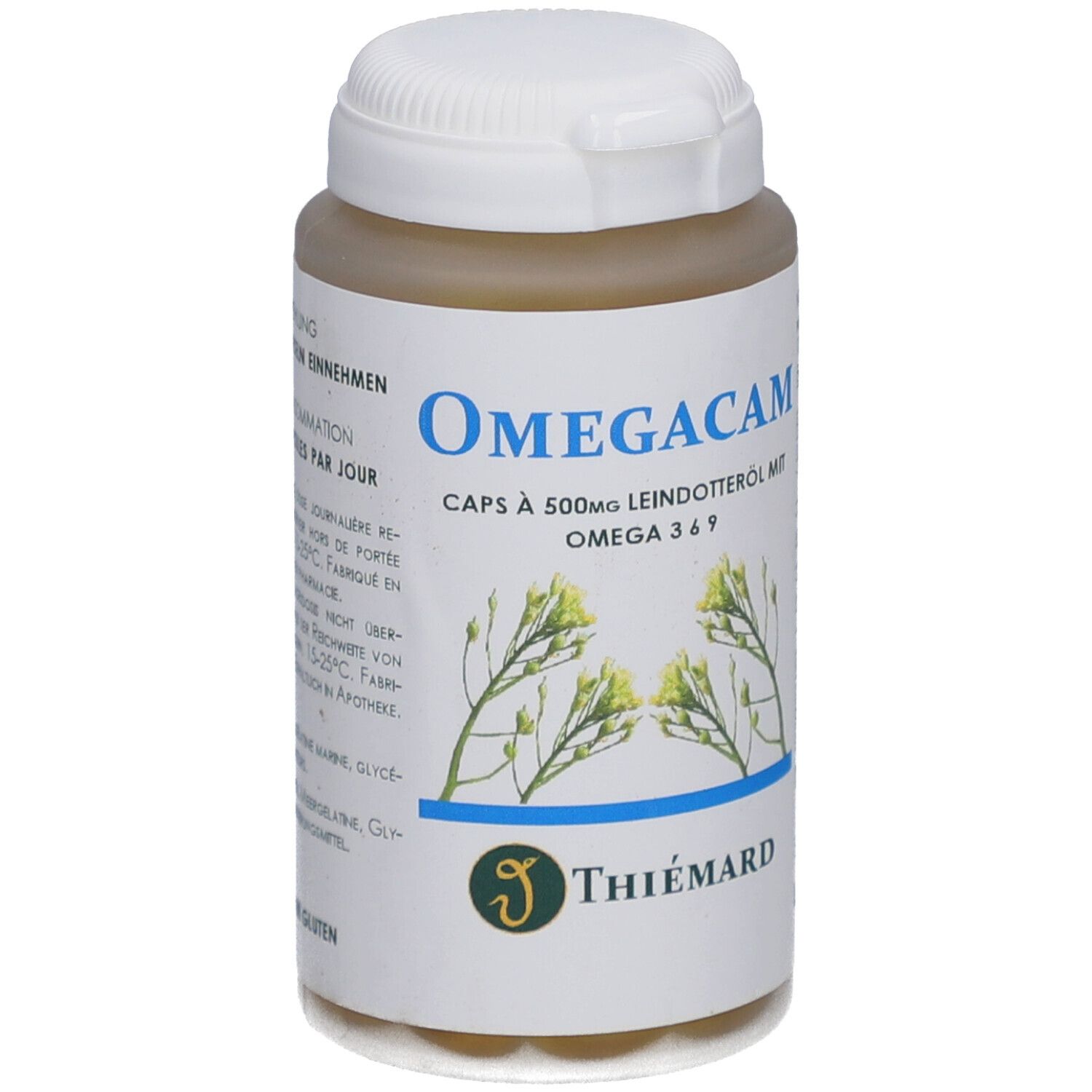 Flacon avec bouchon blanc. Inscription: Omegacam, Caps à 500mg huile de caméline avec Omega 3 6 9. Marque: THIÉMARD.