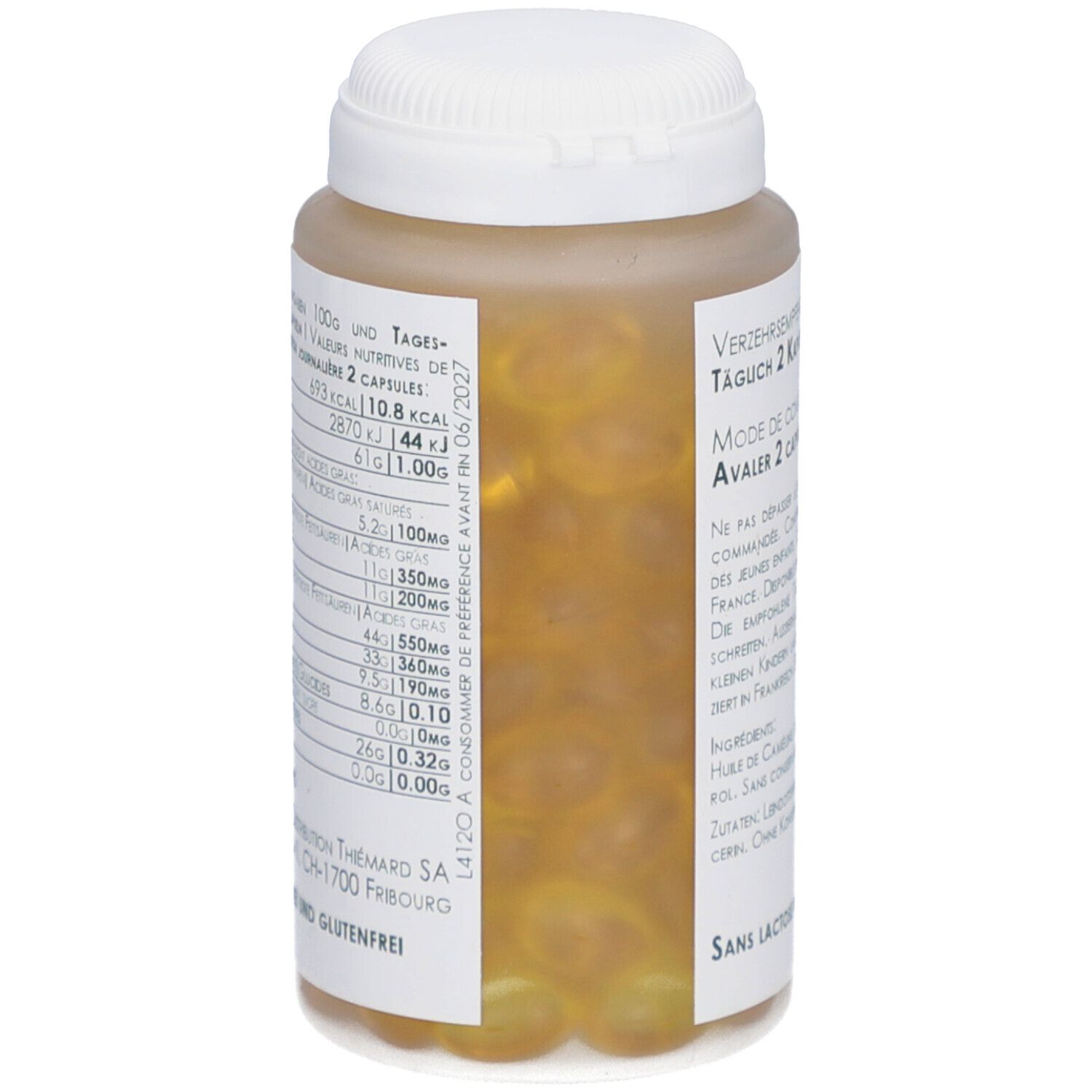 Flacon de gélules transparentes. Inscription: Informations nutritionnelles. Sans lactose ni gluten.