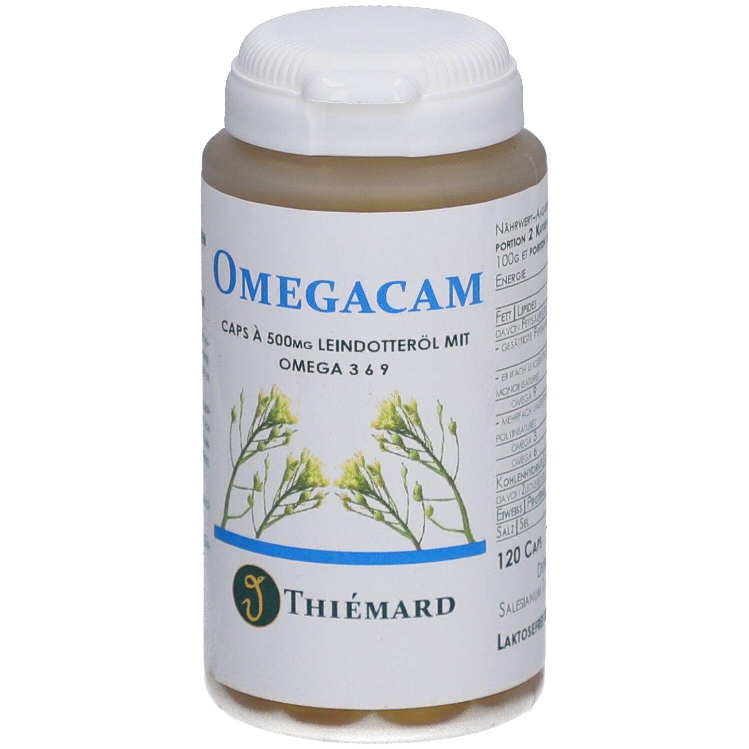 Flacon avec bouchon blanc. Inscription: Omegacam, Caps à 500mg huile de caméline avec Omega 3 6 9. 120 gélules. Marque: THIÉMARD.