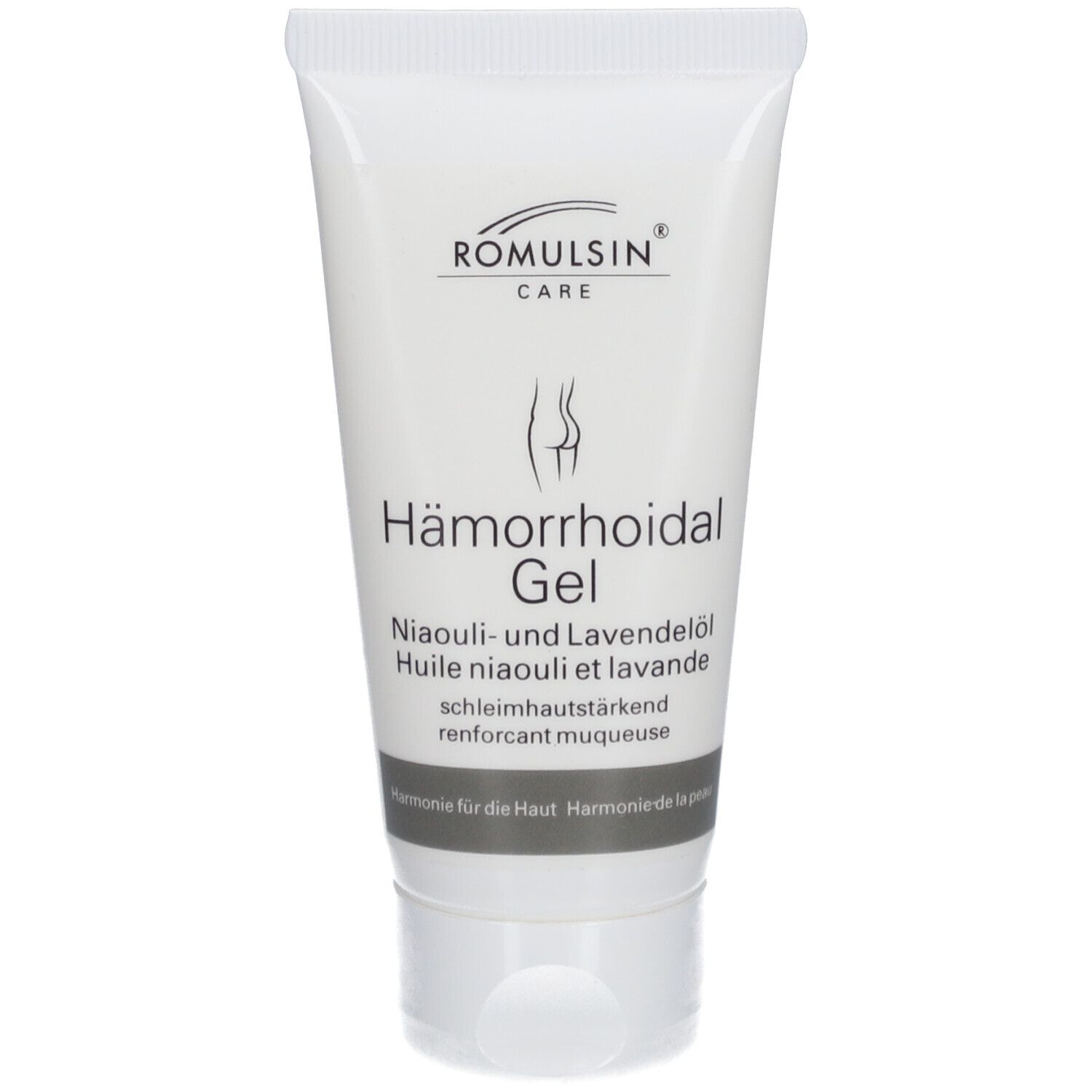 Tube de gel Romulsan® Diacosa® Hémorroïdal. Tube blanc avec nom du produit et informations. Illustration d'un postérieur.