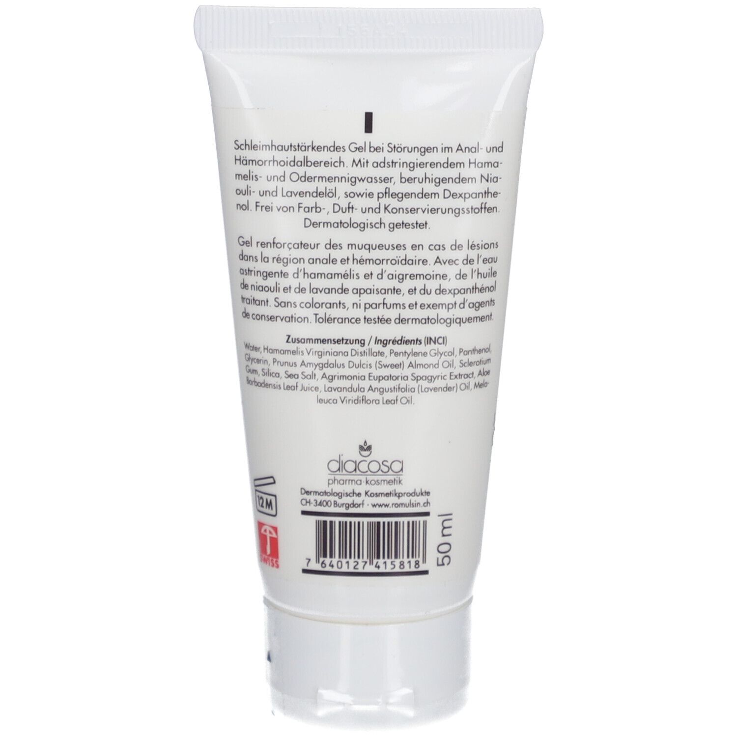 Dos du tube de gel Romulsan® Diacosa® Hémorroïdal. Texte avec ingrédients et informations fabricant. 50 ml.