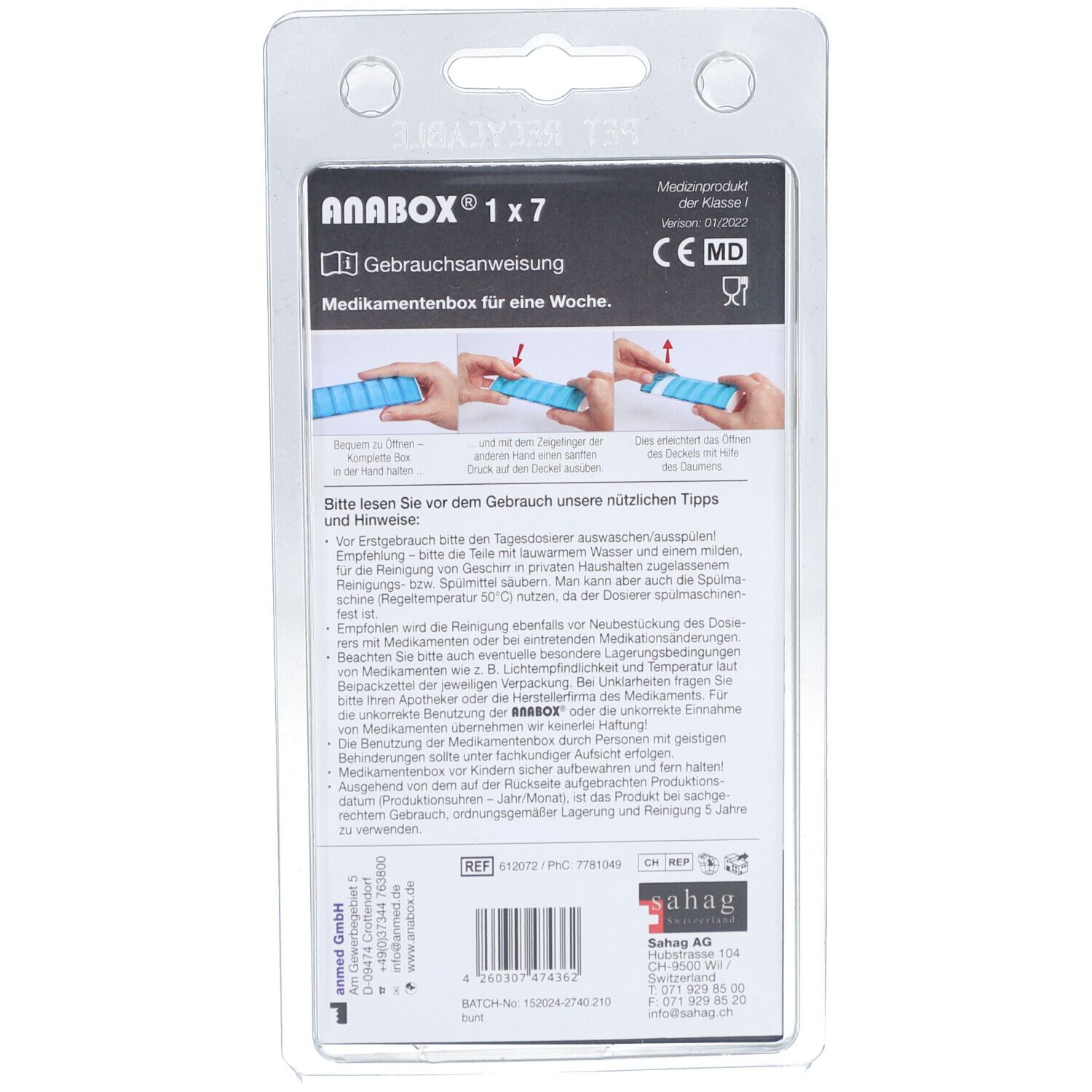 Anabox boîte à médicaments 1x7 couleurs assorties