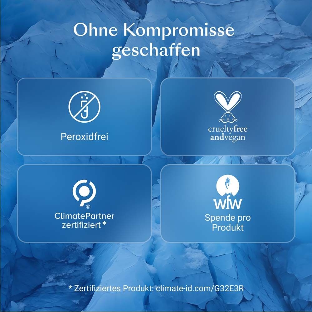 Quatre logos sur fond bleu. Texte : Sans peroxyde, Crueltyfree, ClimatePartner, wfw Don.