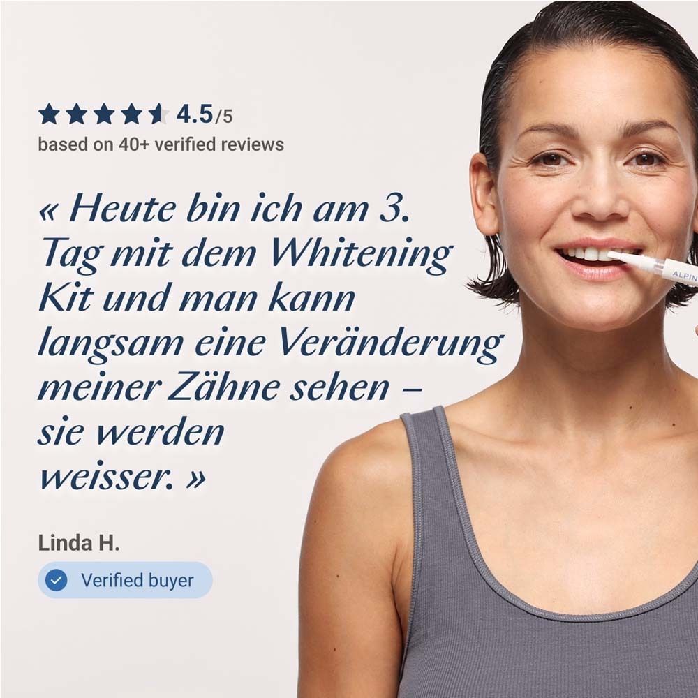 Femme avec dents plus blanches. Texte : Avis client. Texte : Kit de blanchiment. Crochet bleu.