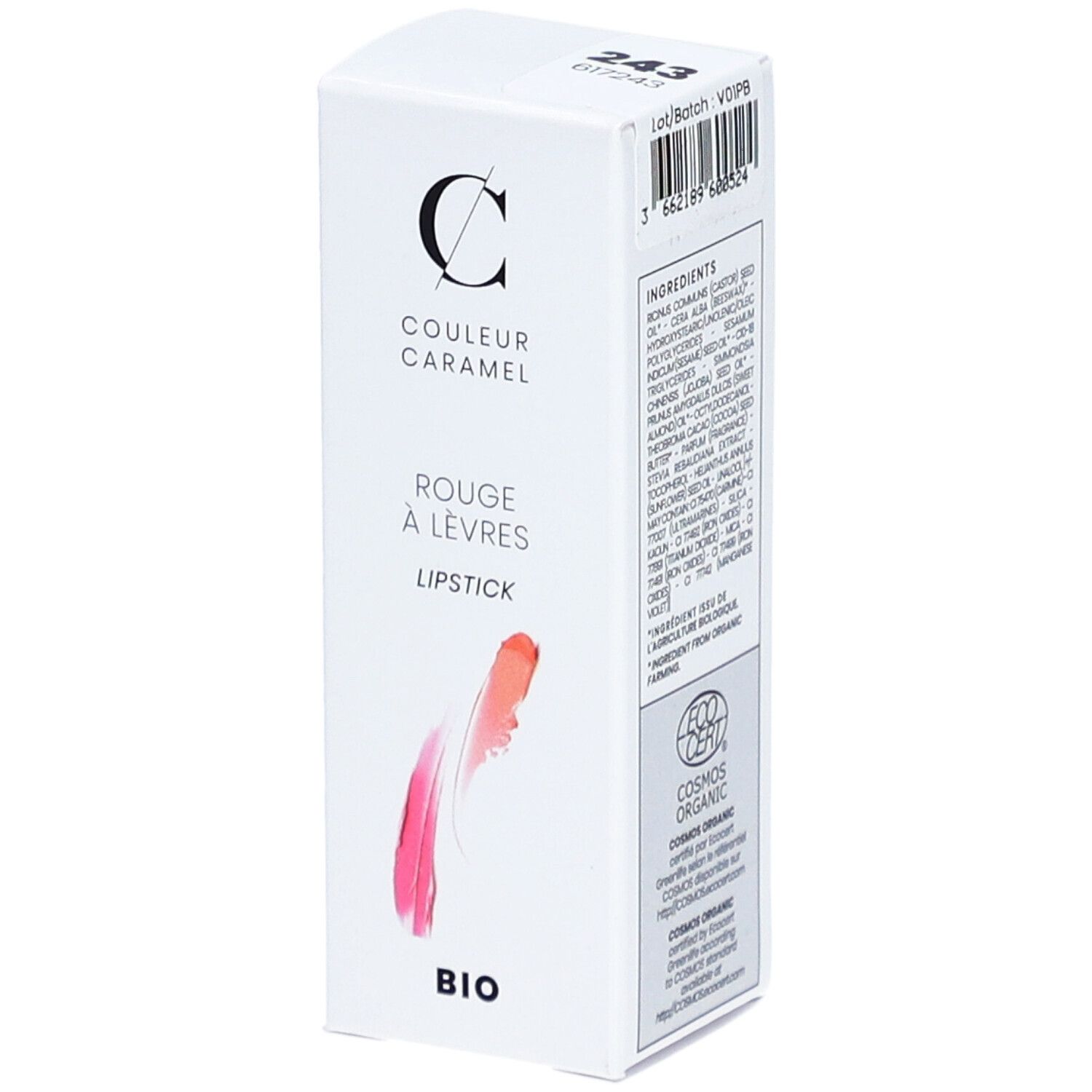 Emballage blanc avec logo COULEUR CARAMEL. Inscription: Rouge à lèvres, Lipstick, BIO. Dégradé de couleurs.