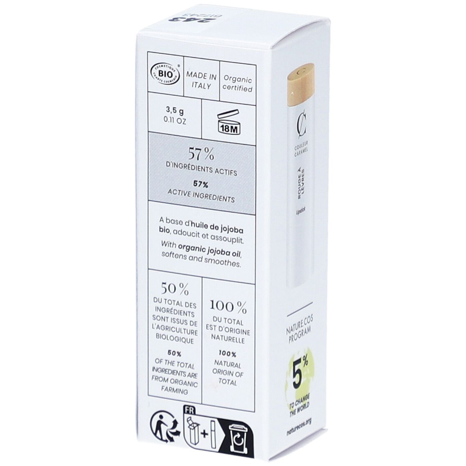 Emballage avec informations. Inscription: 57% ingrédients actifs, 50% ingrédients issus de l'agriculture biologique. ECO CERT COSMOS ORGANIC.