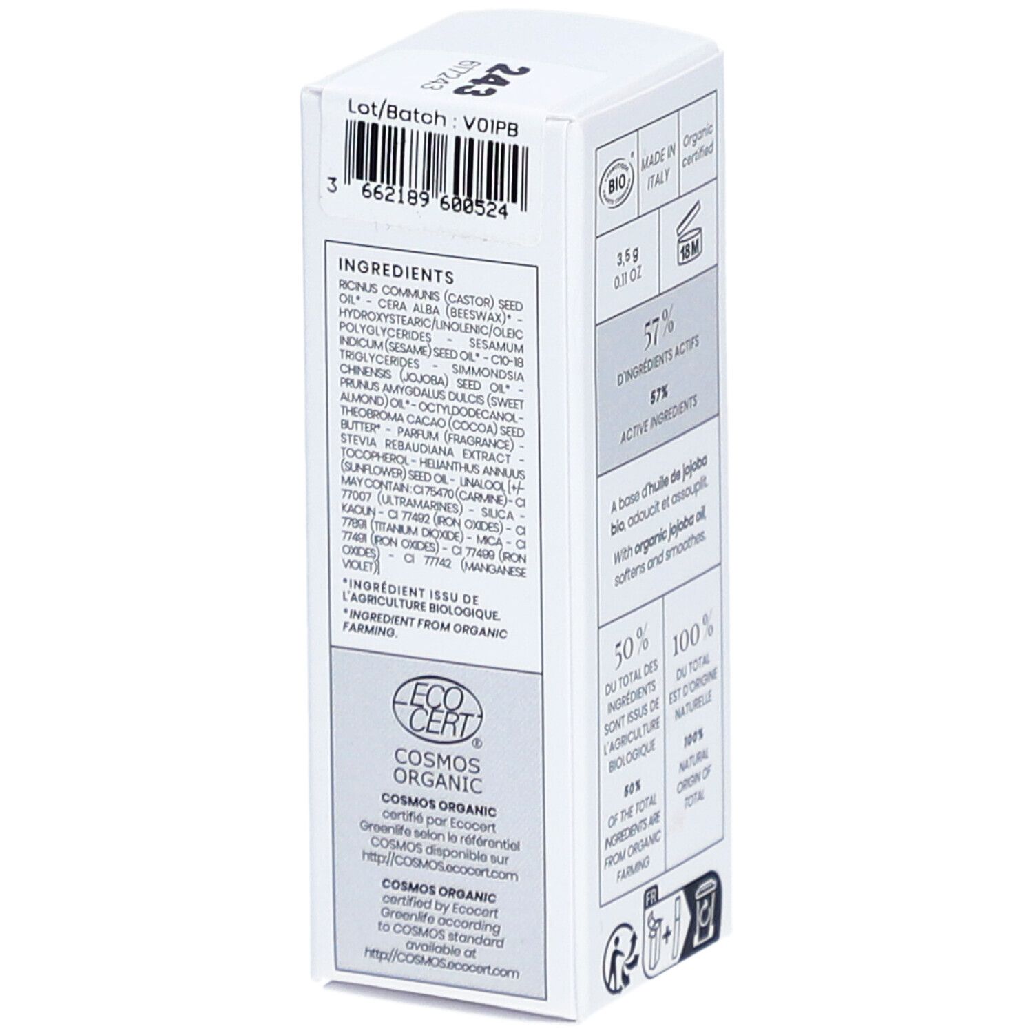 Emballage avec ingrédients et certification ECO CERT COSMOS ORGANIC. Inscription: 3,5 g, 0.11 OZ. Made in Italy.