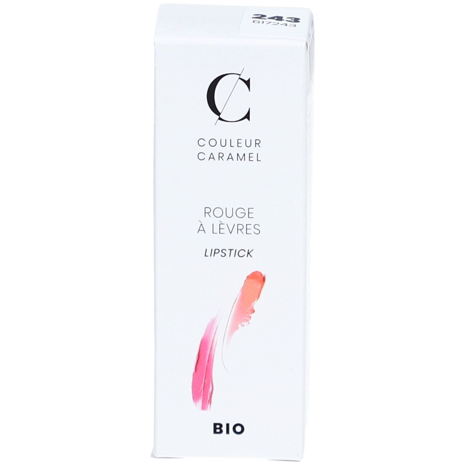 Emballage blanc avec logo COULEUR CARAMEL. Inscription: Rouge à lèvres, Lipstick, BIO. Dégradé de couleurs.
