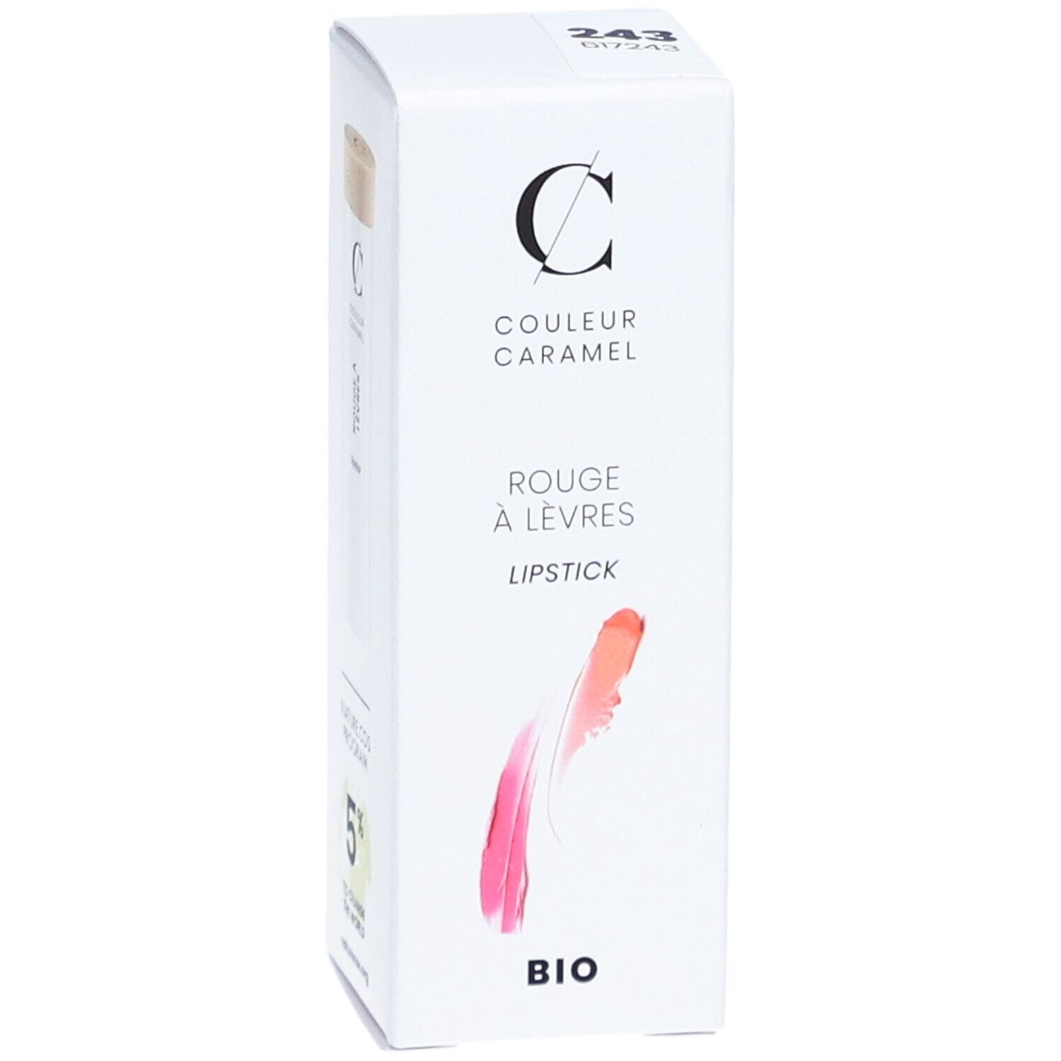 Emballage blanc avec logo COULEUR CARAMEL. Inscription: Rouge à lèvres, Lipstick, BIO. Dégradé de couleurs.