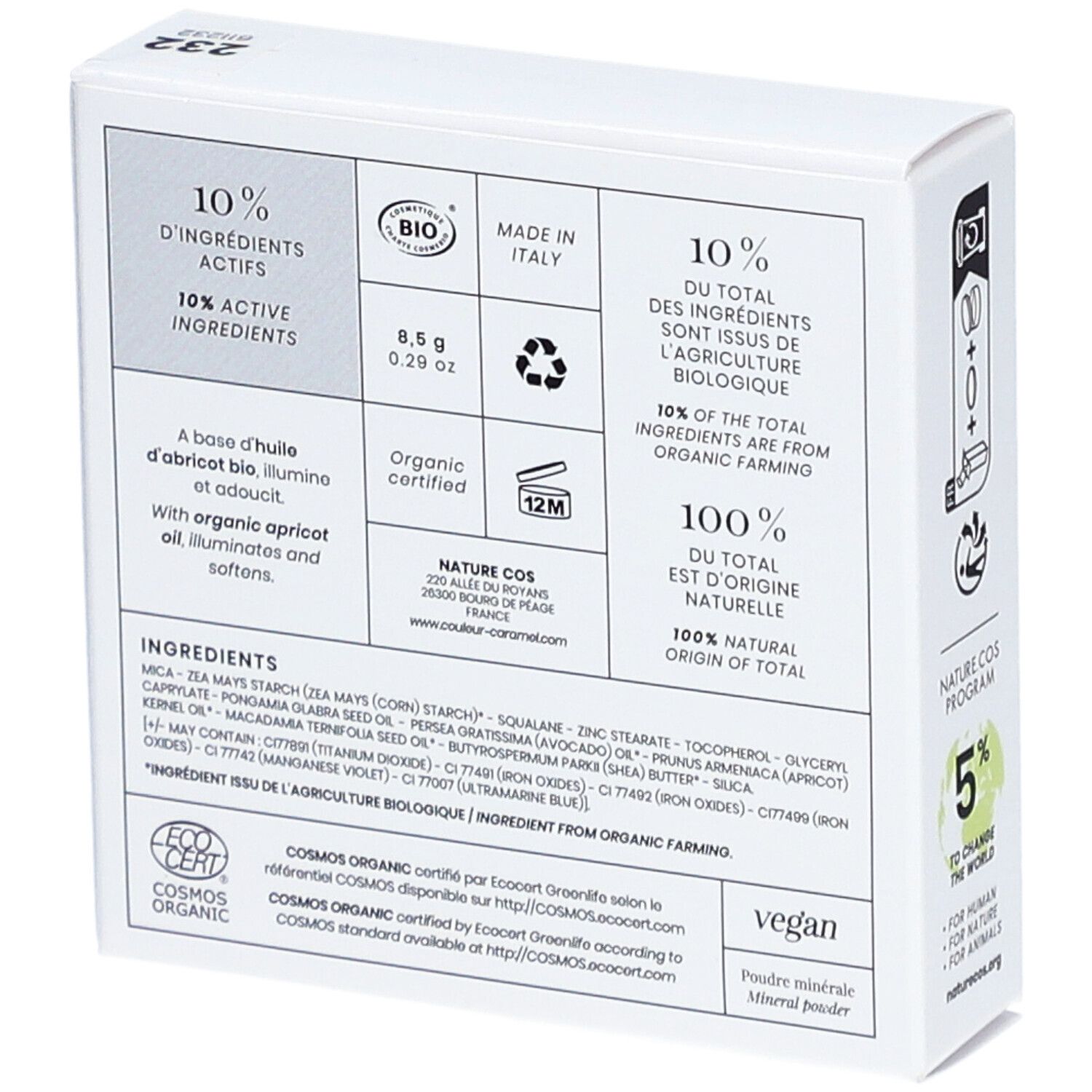 Dos de la boîte blanche. Texte: 10% d'ingrédients actifs, 8,5 g, Organic certified, vegan. Ingrédients, certification COSMOS ORGANIC.