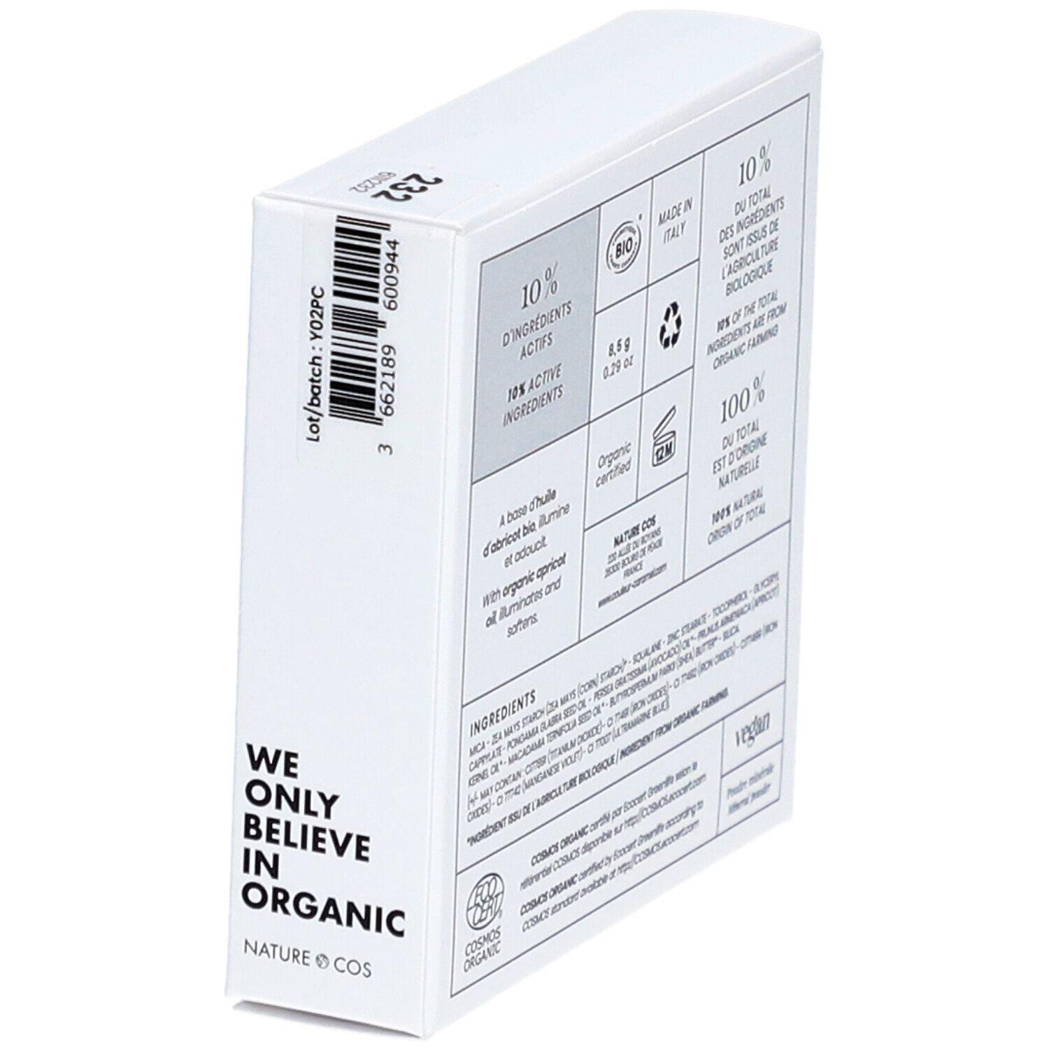 Dos de la boîte blanche. Texte: 10% d'ingrédients actifs, 8,5 g, Organic certified, vegan. Ingrédients, certification COSMOS ORGANIC.