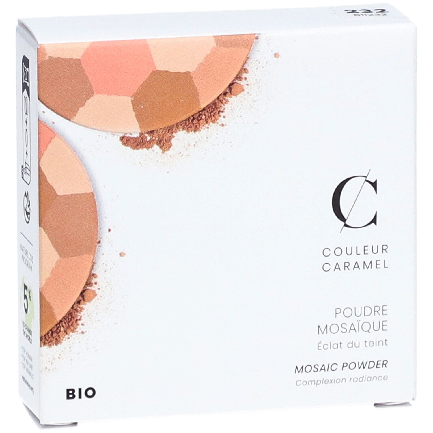 Boîte blanche avec poudre mosaïque. Marque COULEUR CARAMEL, logo BIO. Numéro 232. Texte: Poudre Mosaïque, Eclat du teint, Mosaic Powder.