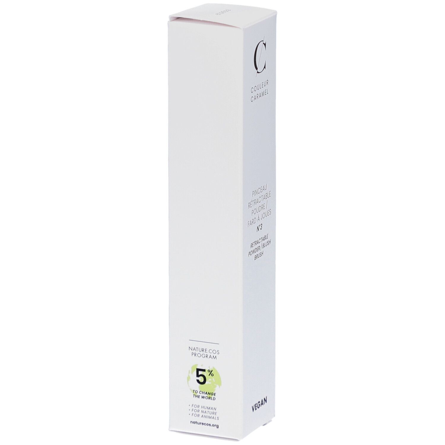 Emballage blanc. Marque : COULEUR CARAMEL. Pinceau poudre/fard à joues. Nature Cos Program. 5% pour la nature. Vegan.