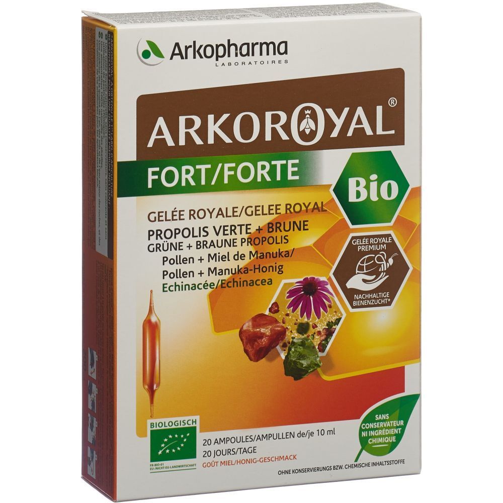 Boîte avec nom et logo du produit. Contient 20 ampoules. Certification Bio.