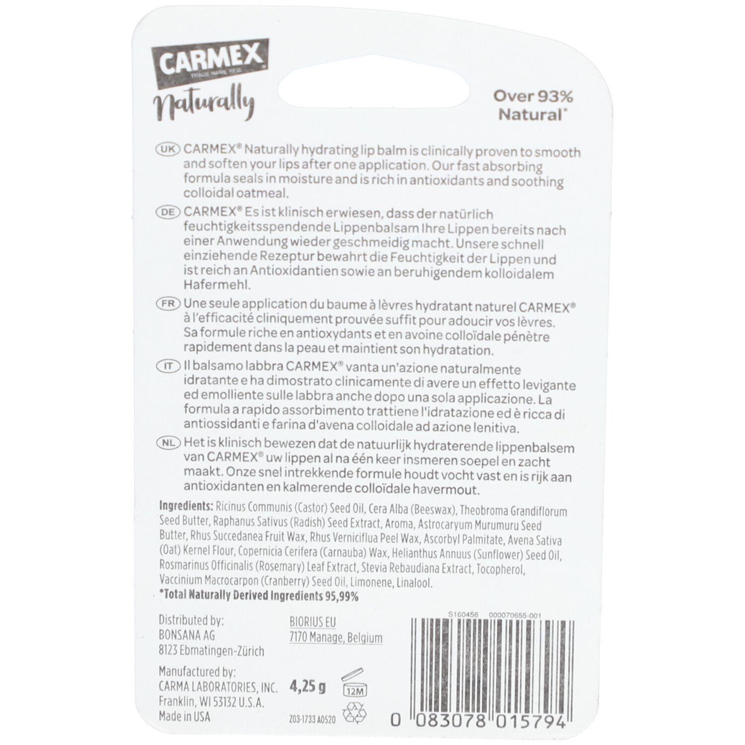 Dos de l'emballage du baume à lèvres CARMEX Naturally. Texte multilingue. Ingrédients et informations du fabricant. Label "Over 93% Natural".