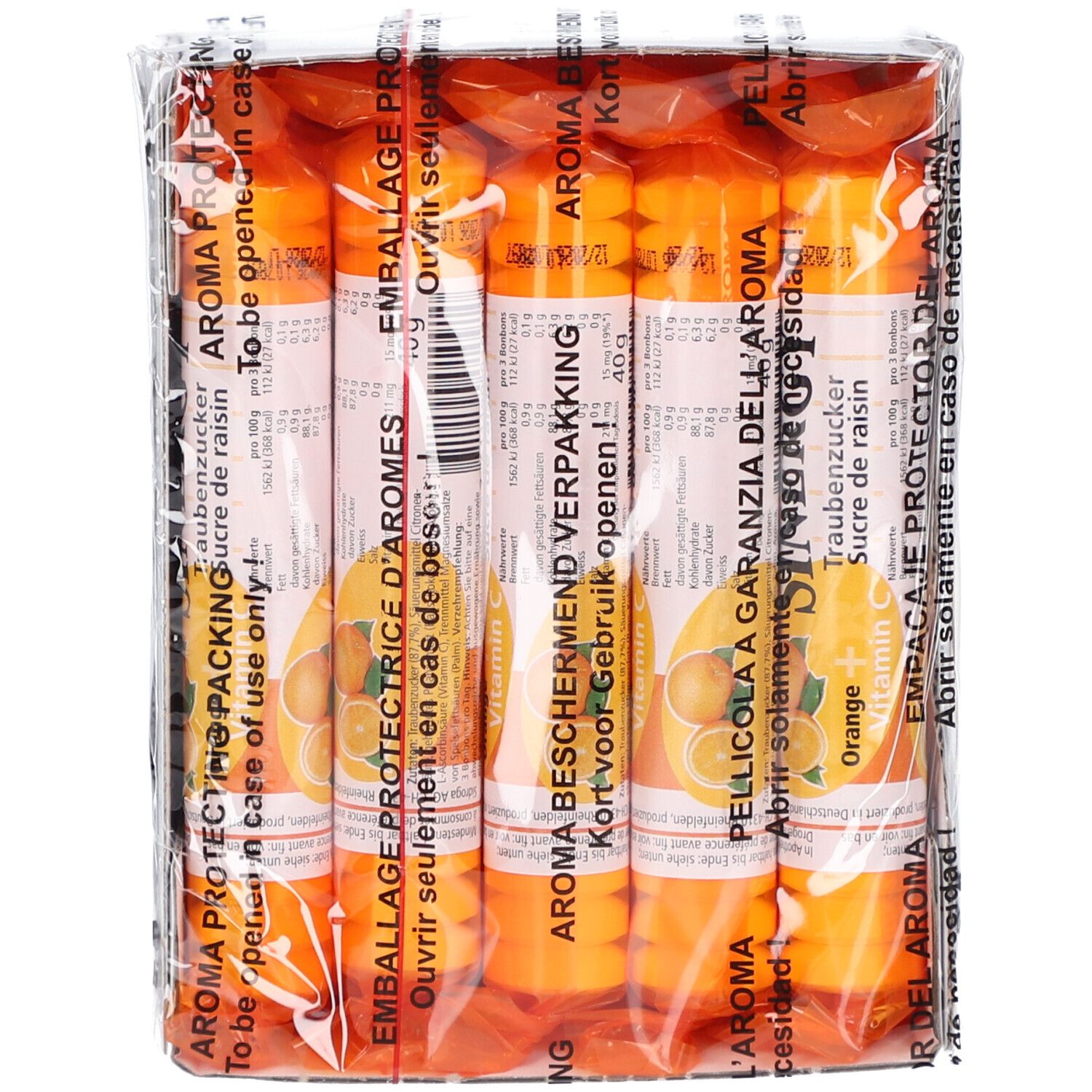 Emballage de comprimés cylindriques. Conditionnement orange avec texte multilingue. Visible: "AROMA PROTECT".