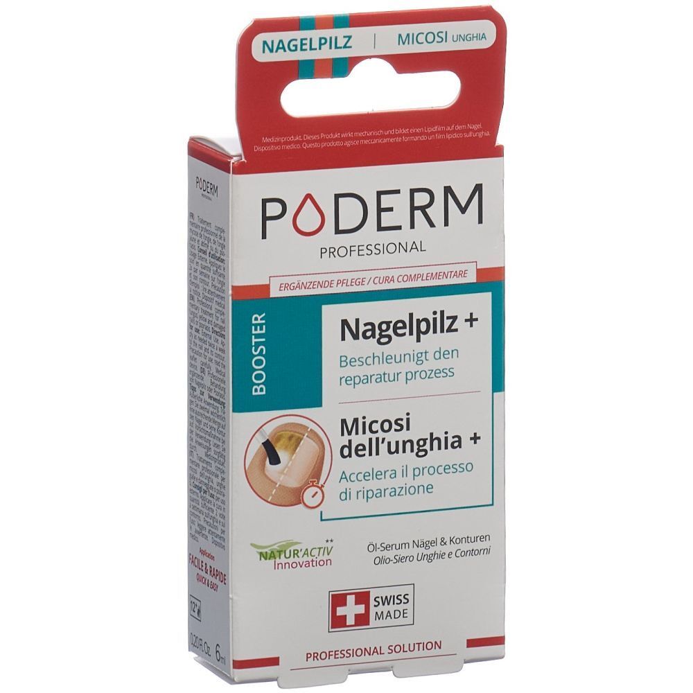 Emballage PODERM Nagelpilz+ Booster. Informations produit et croix suisse visibles.