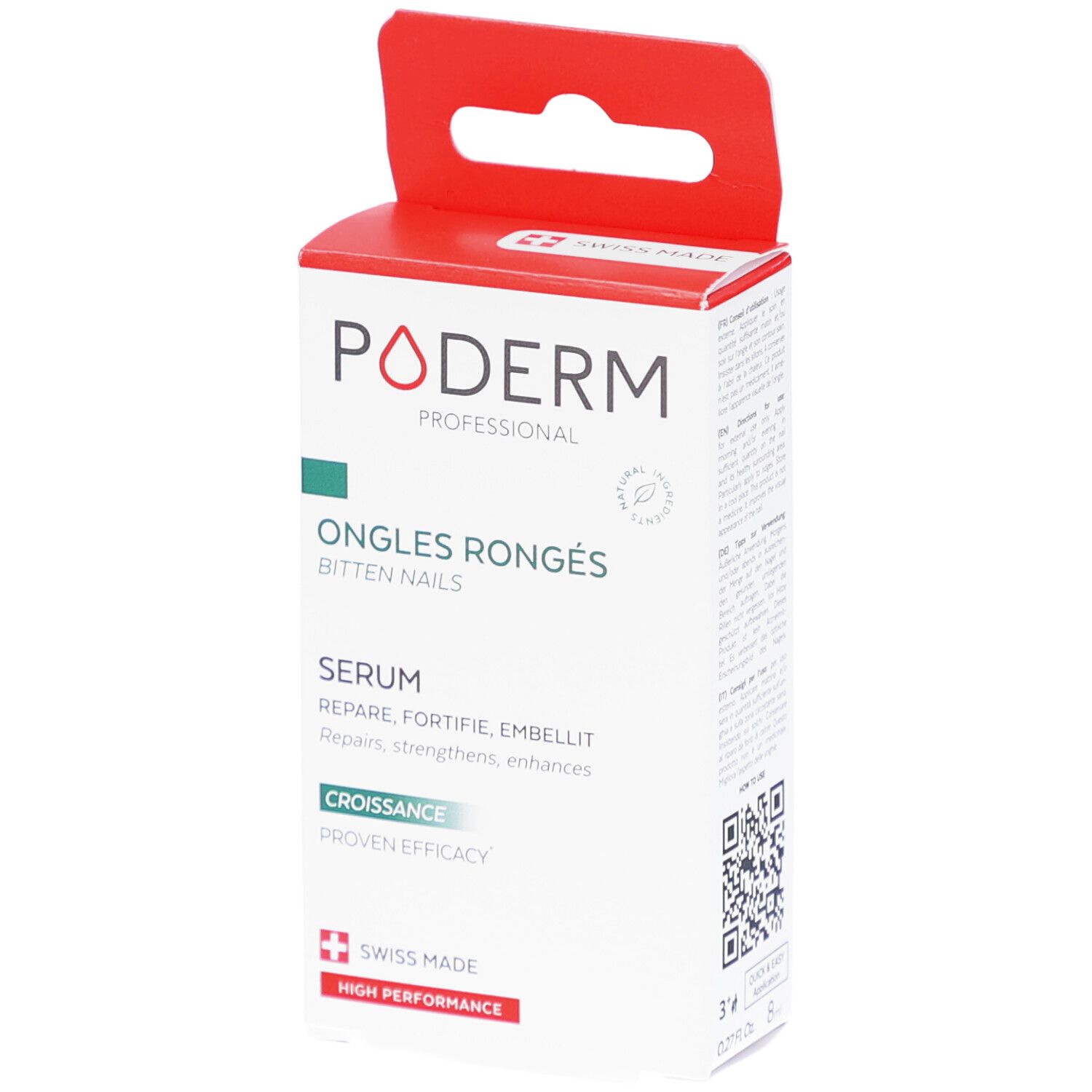 Boîte PODERM Ongles Rongés, sérum. Inscription en français et anglais. Emballage blanc et rouge, avec accroche.