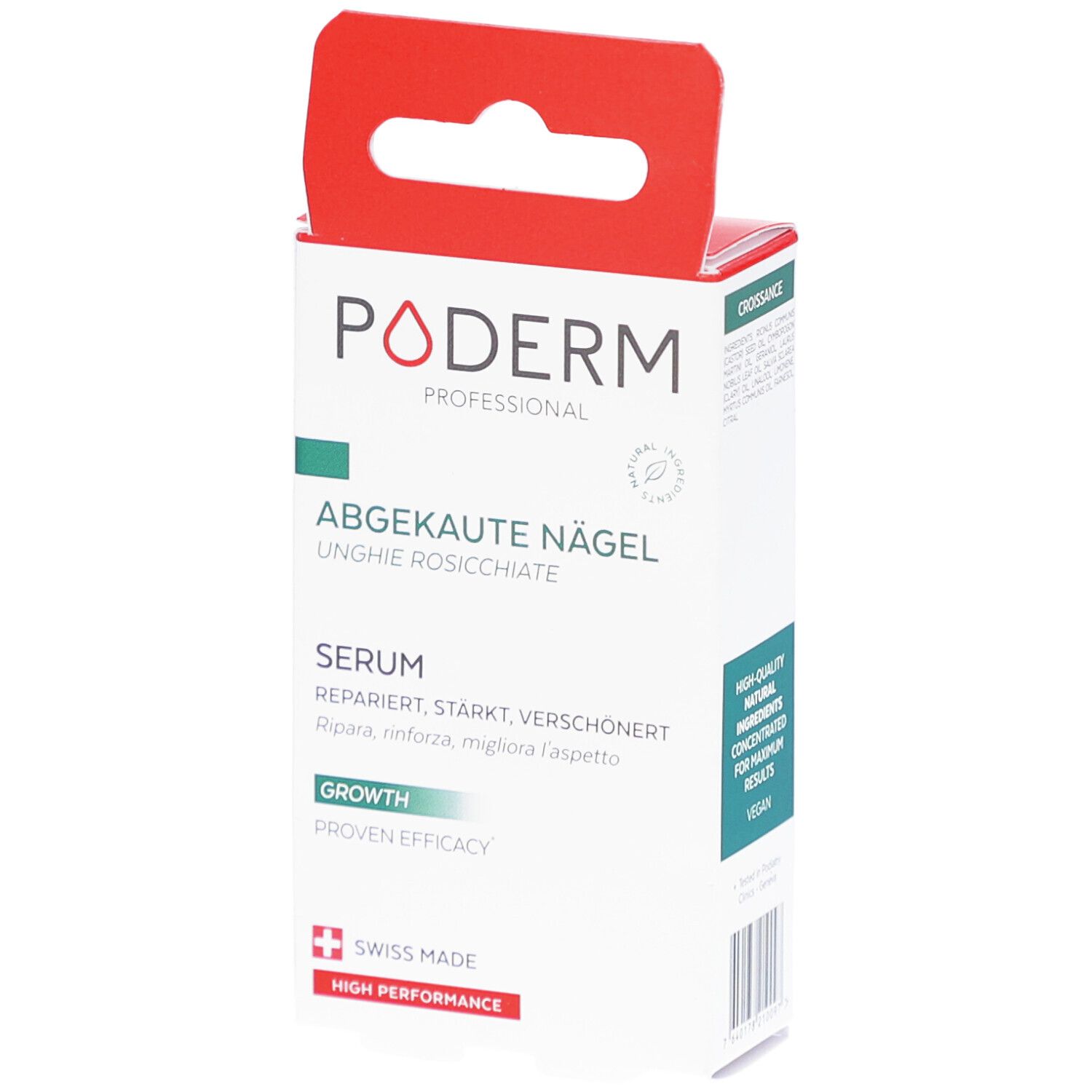 Boîte PODERM, Ongles Rongés, sérum. Inscription en allemand et italien. Emballage blanc et rouge, avec accroche.