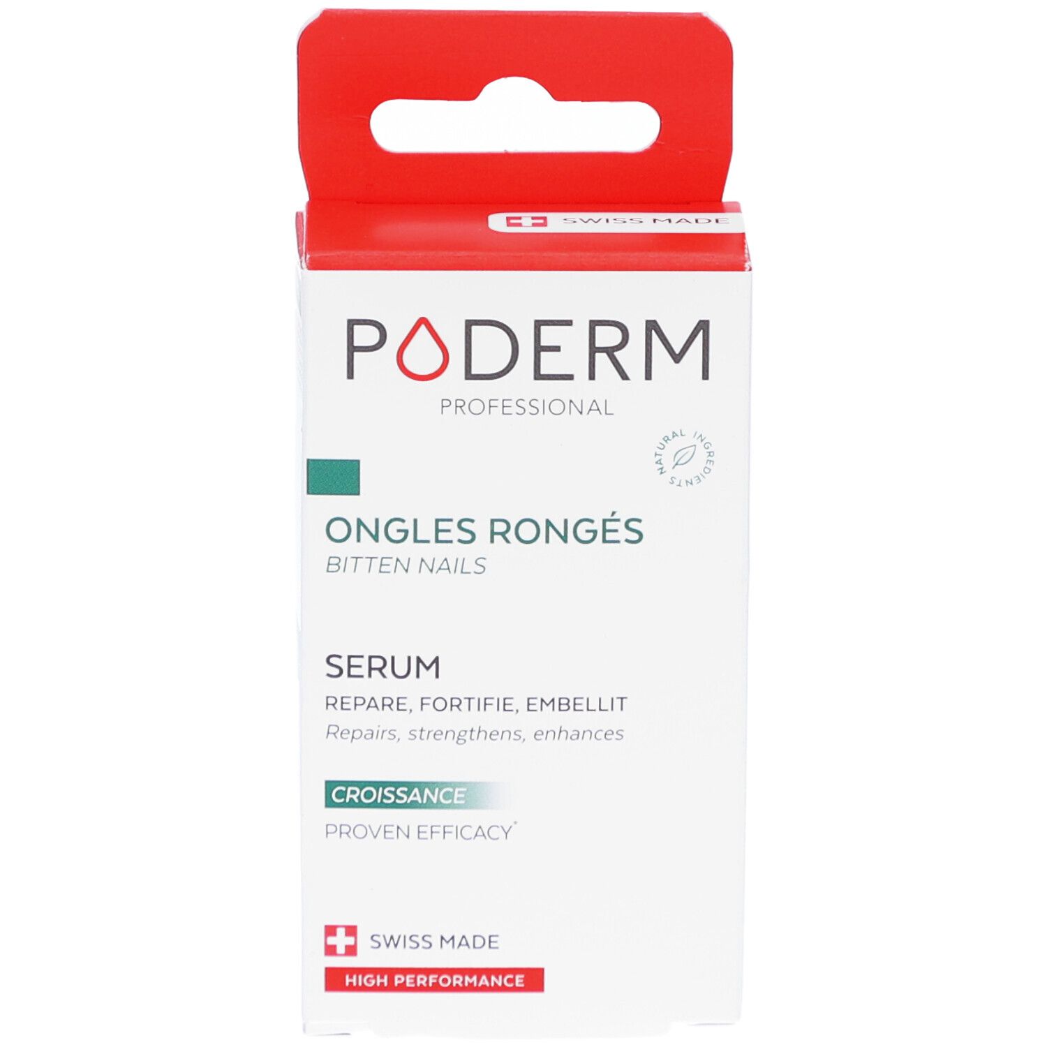 Boîte PODERM Ongles Rongés, sérum. Inscription en français et anglais. Emballage blanc et rouge, avec accroche.