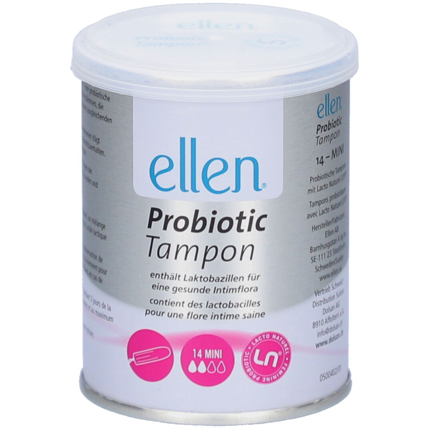 Boîte cylindrique avec couvercle. Inscription : ellen Probiotic Tampon. Contient 14 mini-tampons. Logo LN.