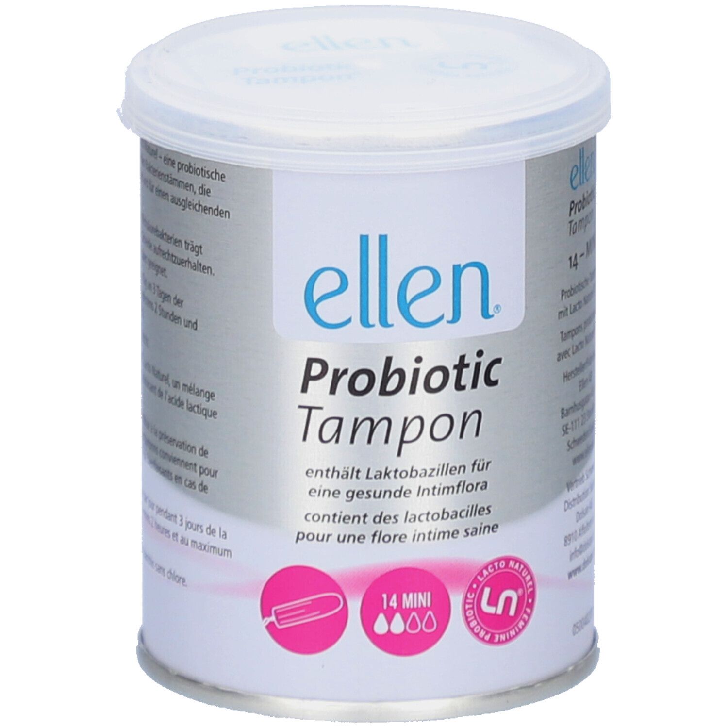 Boîte cylindrique avec couvercle. Inscription : ellen Probiotic Tampon. Contient 14 mini-tampons. Logo LN.
