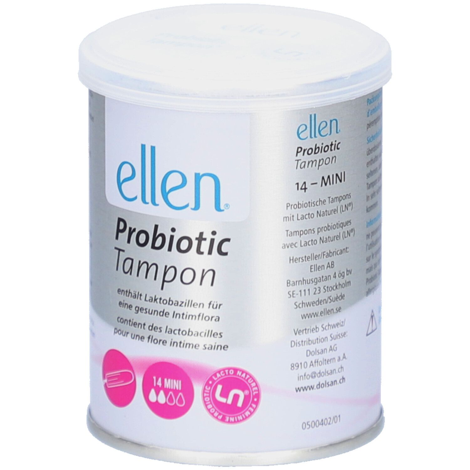 Boîte cylindrique avec couvercle. Inscription : ellen Probiotic Tampon. Contient 14 mini-tampons. Logo LN.